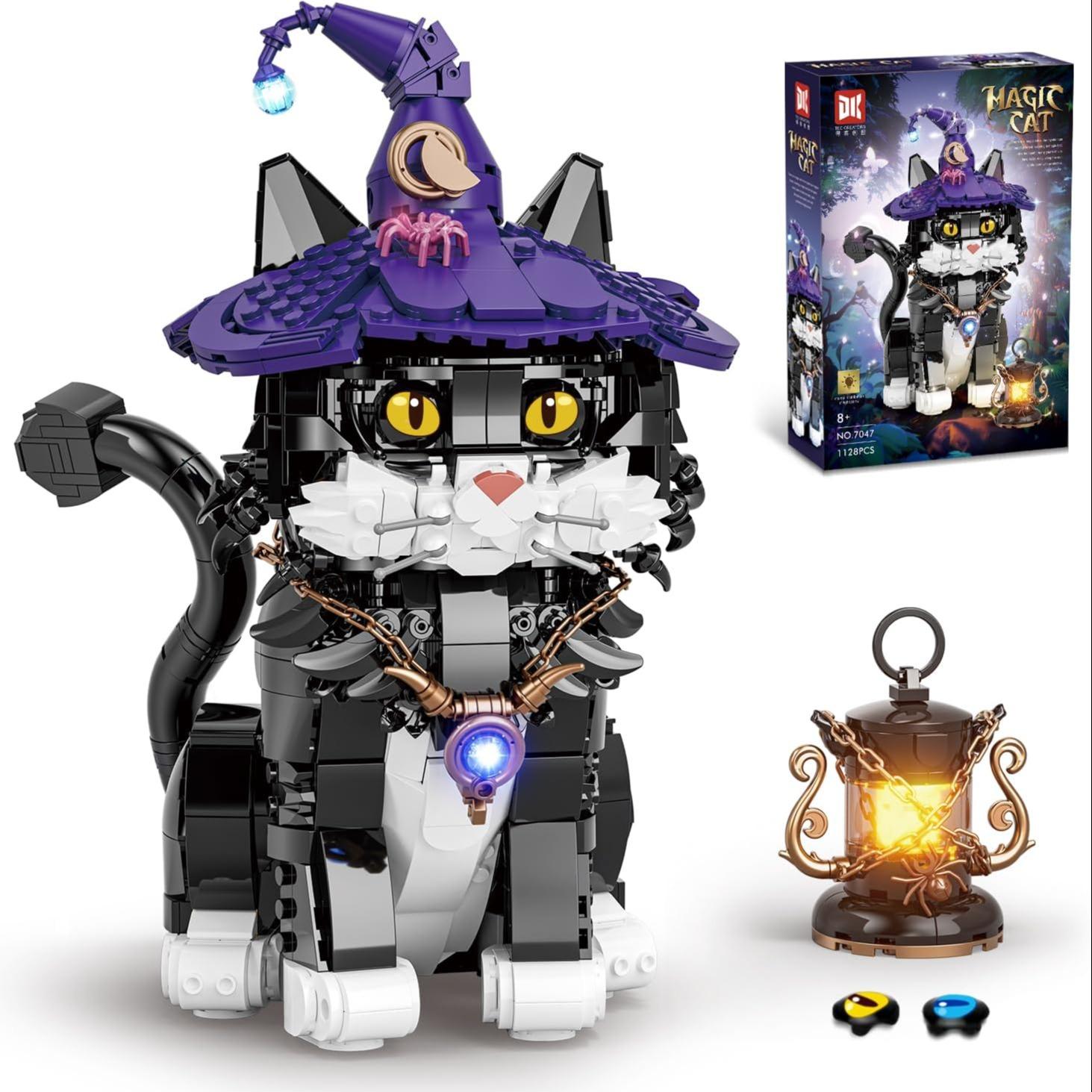 Magic Cat Creative Building Blocks Set, with  Cute Cat with Wizard Hat & Glowing Lantern, Collectible Display Decor Model Kit, Gift for Adult Cat Lovers & Kids Ages 8+(1128PCS),Halloween gift