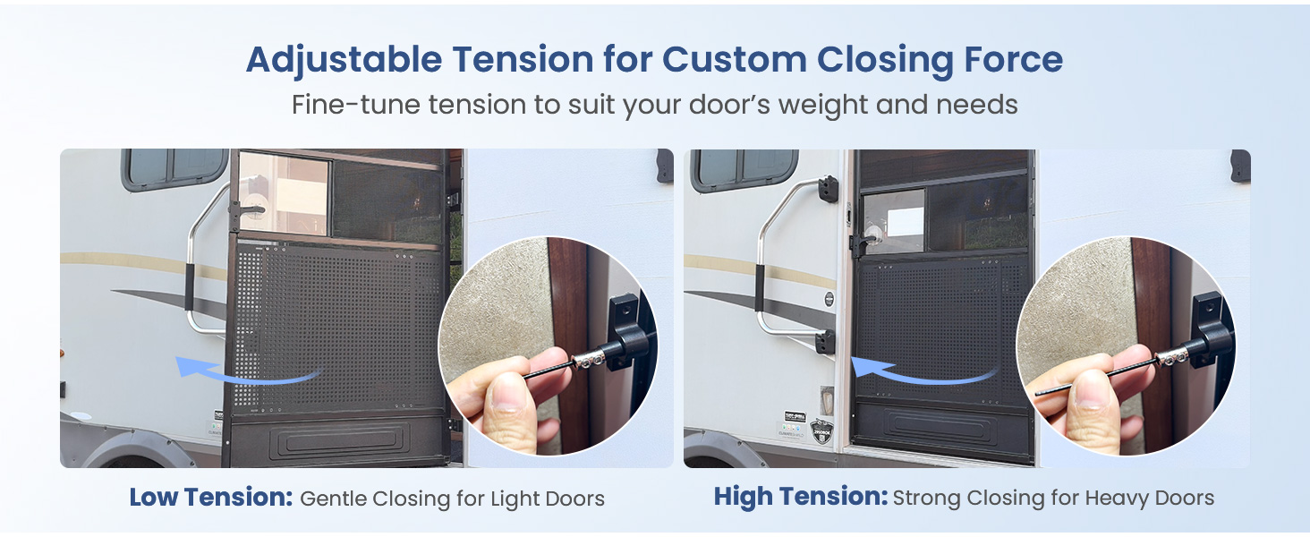 adjustable screen door tension, smooth closing, RV screen closer, customizable speed
