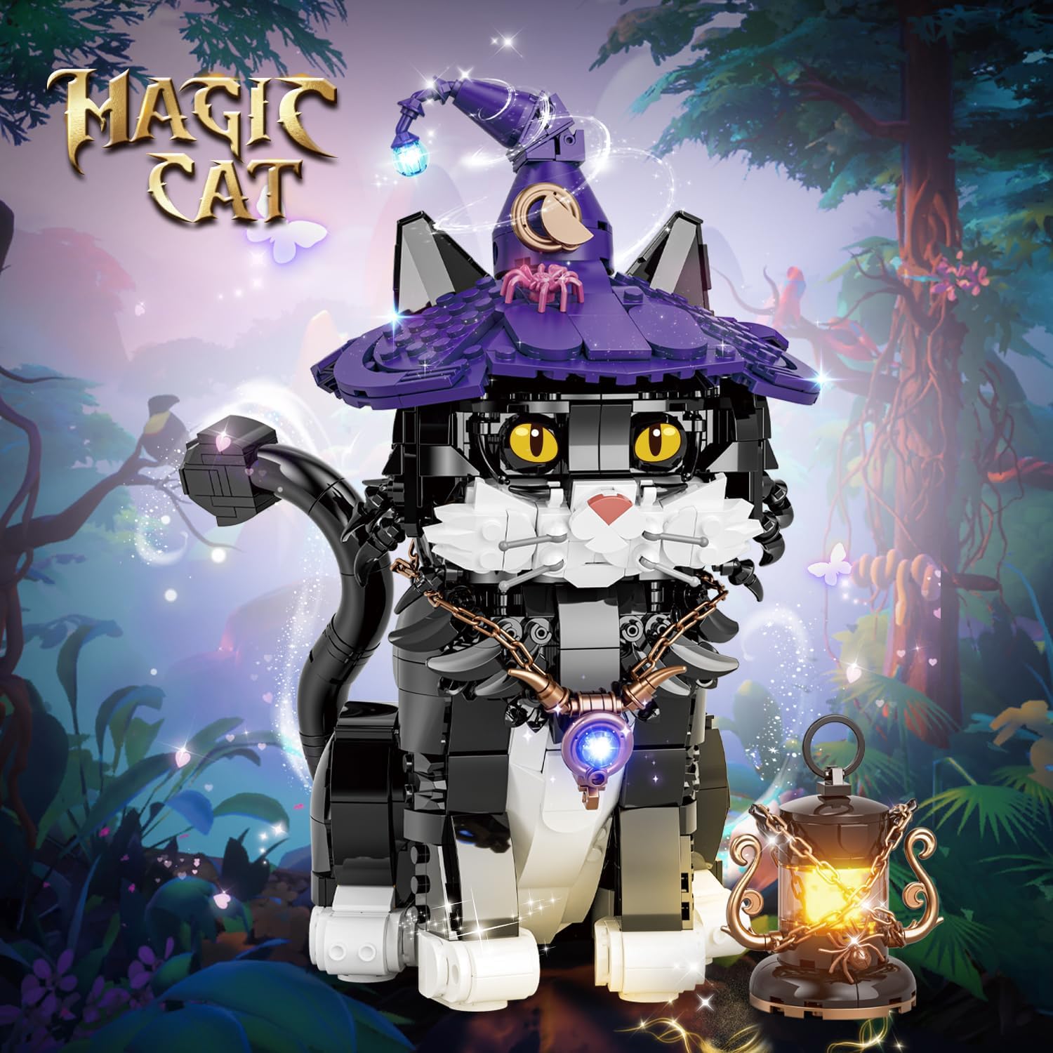 Magic Cat Creative Building Blocks Set, with  Cute Cat with Wizard Hat & Glowing Lantern, Collectible Display Decor Model Kit, Gift for Adult Cat Lovers & Kids Ages 8+(1128PCS),Halloween gift