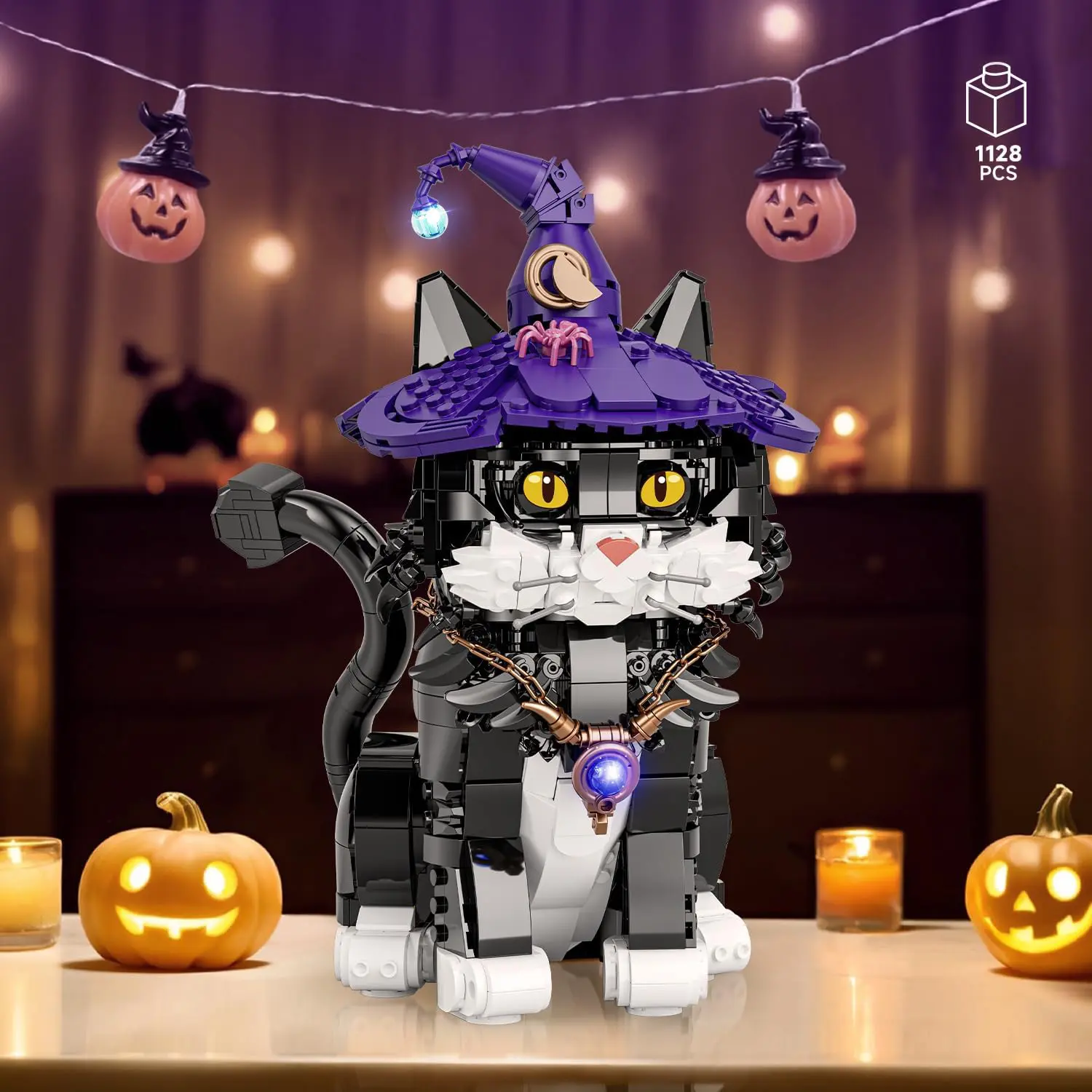 Magic Cat Creative Building Blocks Set, with  Cute Cat with Wizard Hat & Glowing Lantern