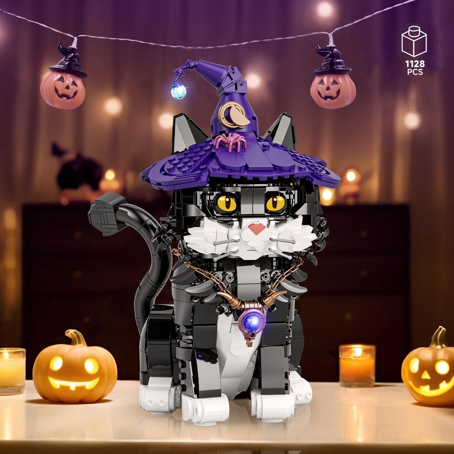 Magic Cat Creative Building Blocks Set, with  Cute Cat with Wizard Hat & Glowing Lantern, Collectible Display Decor Model Kit, Gift for Adult Cat Lovers & Kids Ages 8+(1128PCS),Halloween gift