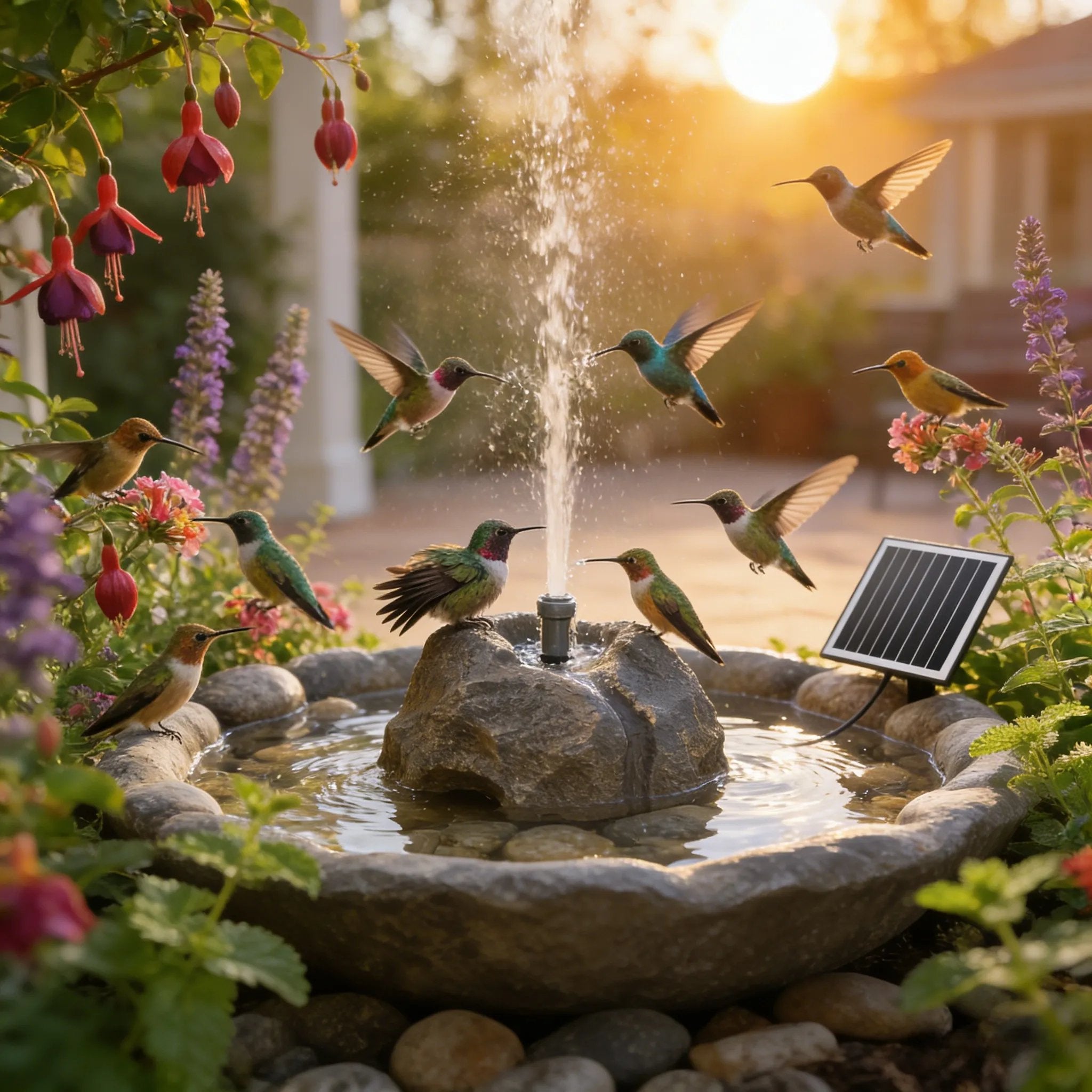 Realistic Granite Rock Solar Bird Bath Fountain - No-Cords Stone Decor