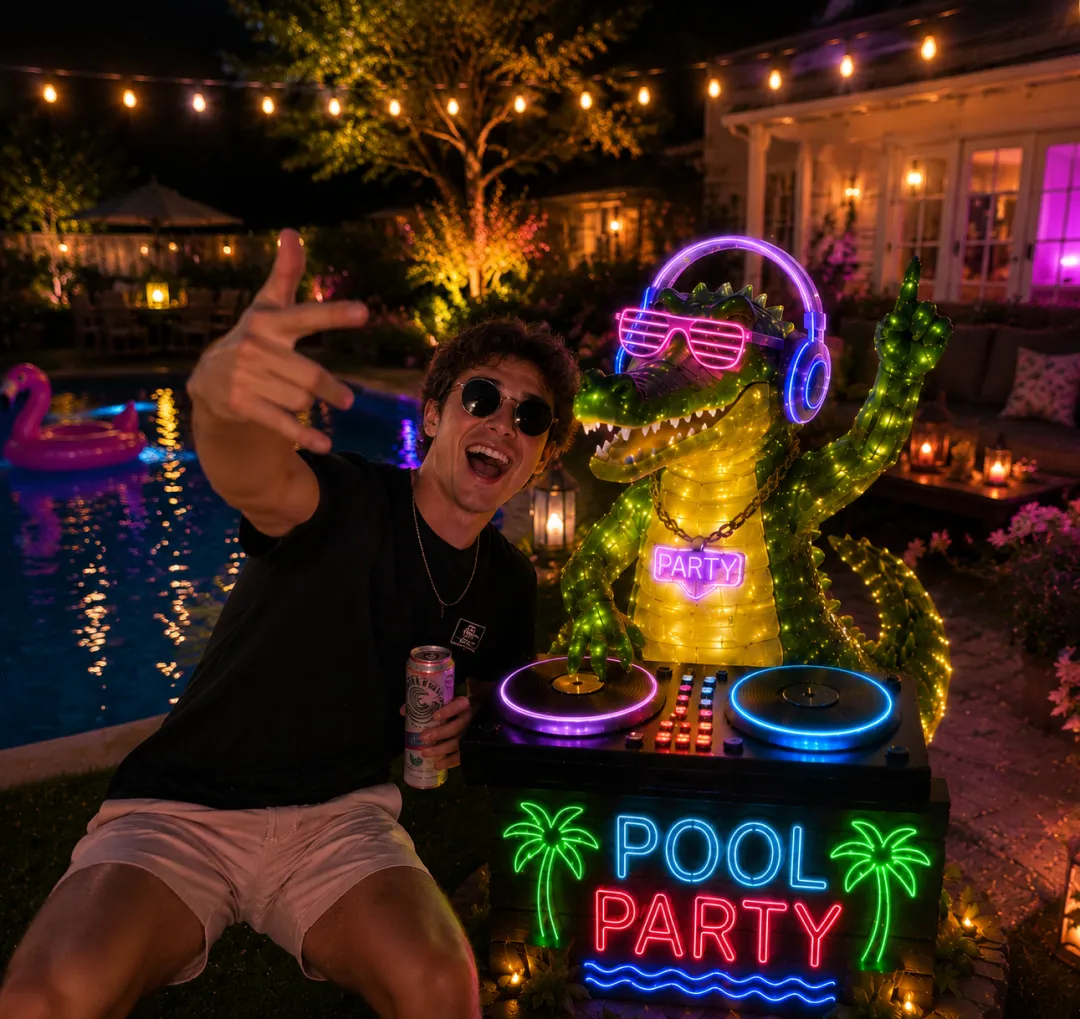 🐊Neon Pool Party DJ Crocodile Garden Light – Outdoor Party Sculpture with LED Glow Decor