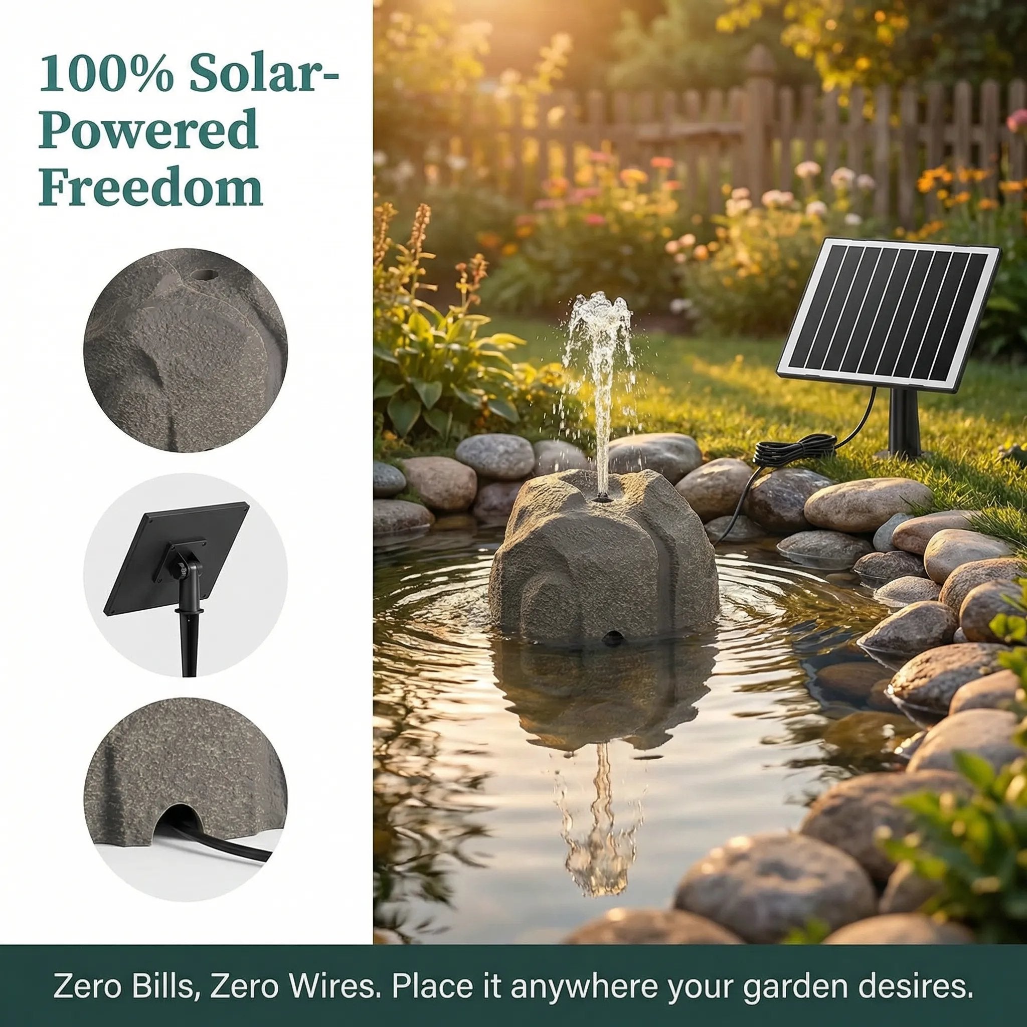 Realistic Granite Rock Solar Bird Bath Fountain - No-Cords Stone Decor