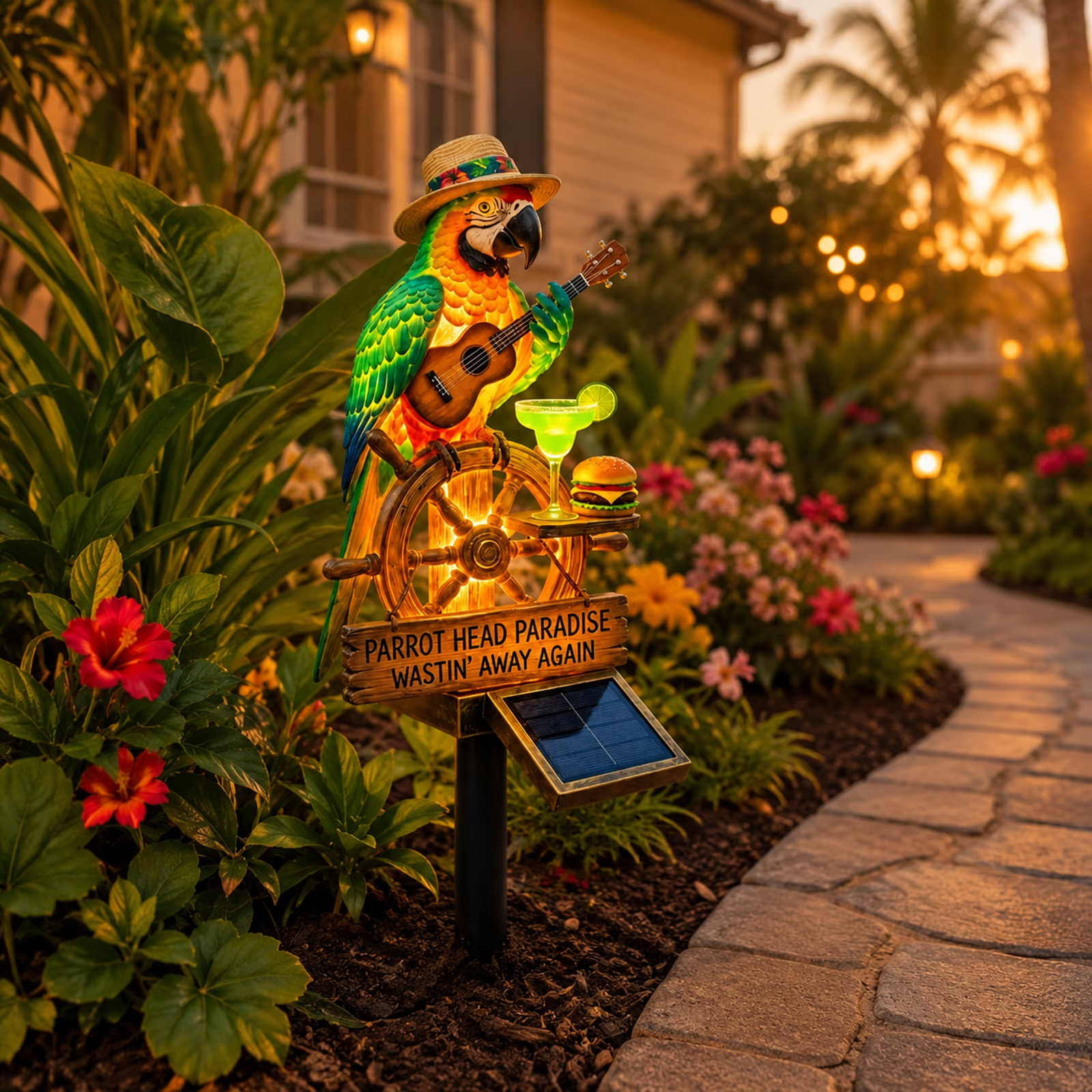 🦜 🌴Tropical Parrot Ship Wheel Solar Garden Stake Light | Island Beach Themed Outdoor Landscape Lamp