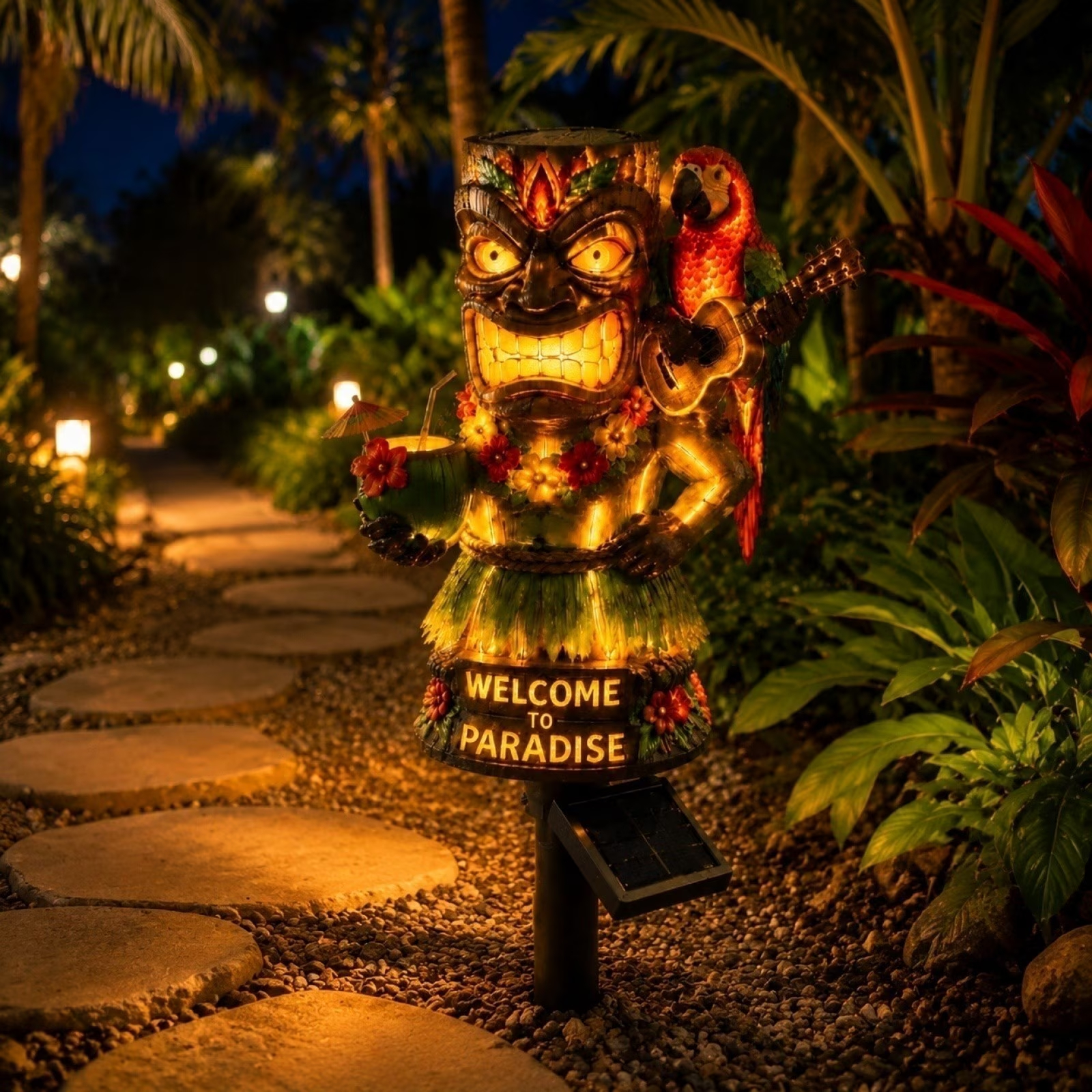 🦜🌴 Tiki Statue Parrot Solar Garden Stake Light | Tropical Hawaiian Paradise Outdoor Landscape Lamp