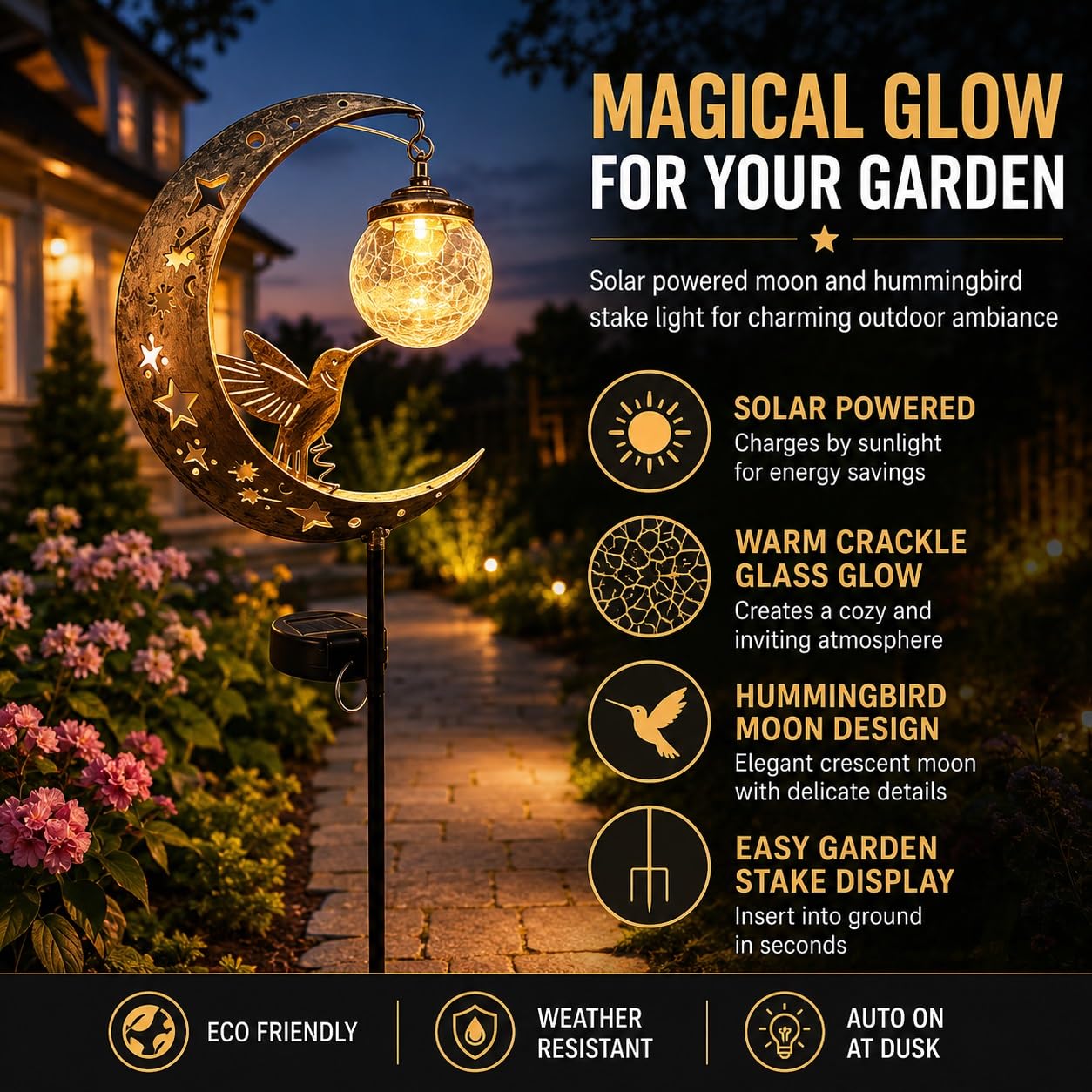 🌙 Crescent Moon Hummingbird Solar Garden Stake Light | Vintage Crackle Glass Outdoor Pathway Lamp