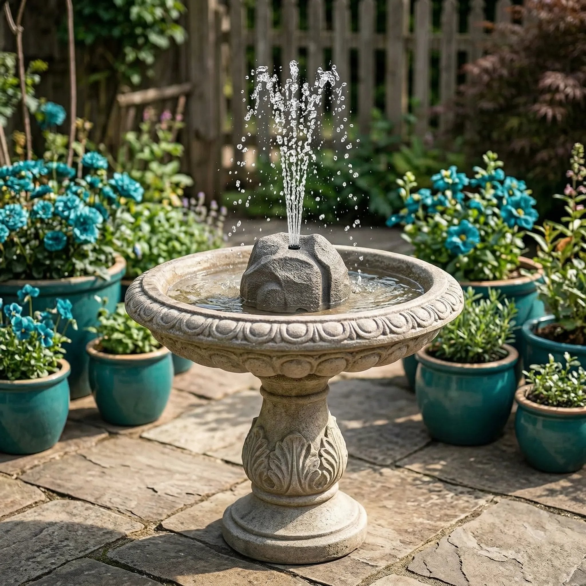 Realistic Granite Rock Solar Bird Bath Fountain - No-Cords Stone Decor