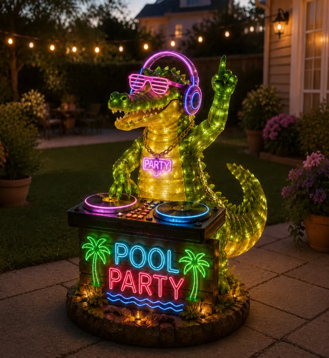 🐊Neon Pool Party DJ Crocodile Garden Light – Outdoor Party Sculpture with LED Glow Decor
