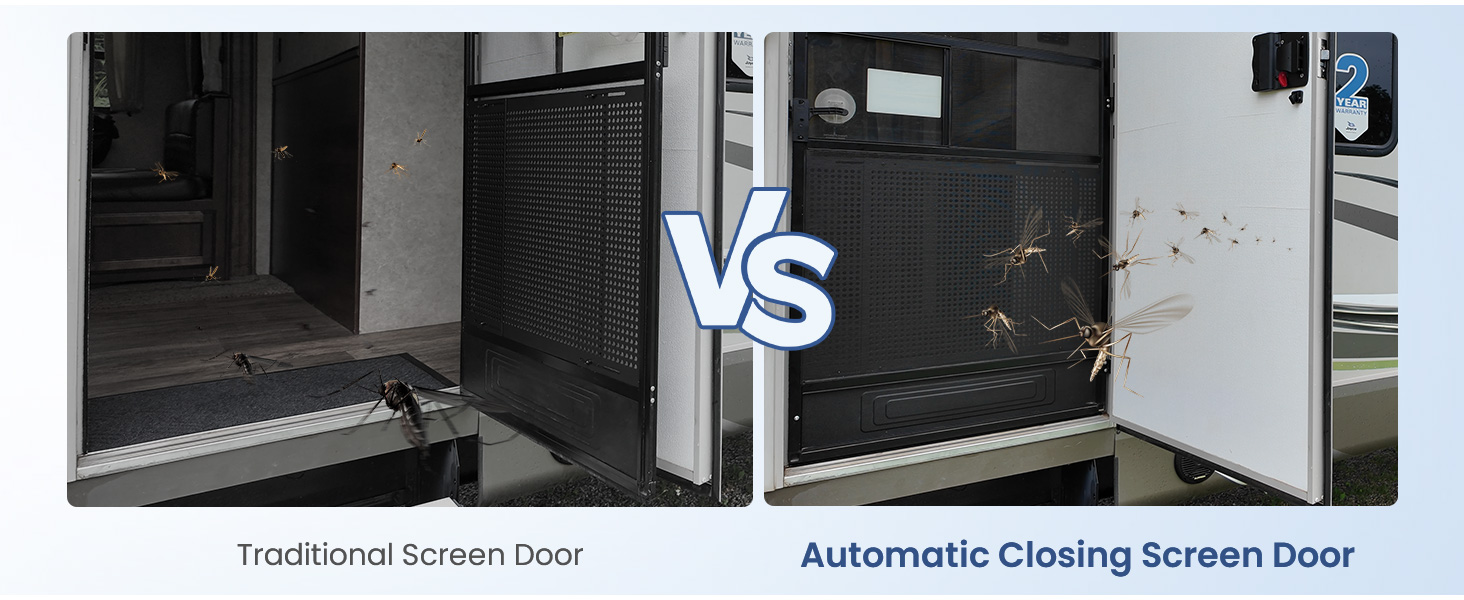 RV screen door comparison, auto closer installed vs not, blocks flying bee, safer