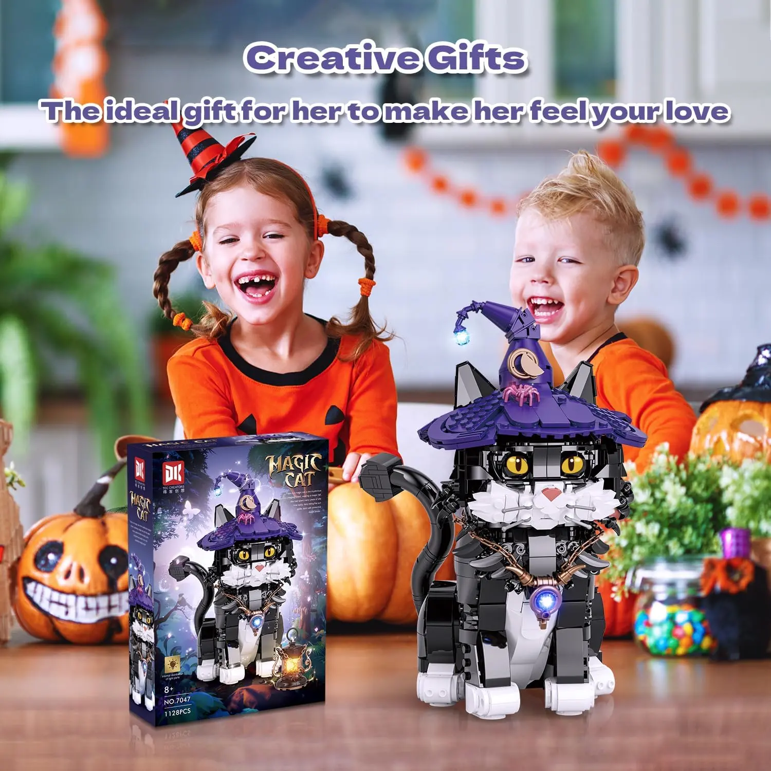 Magic Cat Creative Building Blocks Set, with  Cute Cat with Wizard Hat & Glowing Lantern