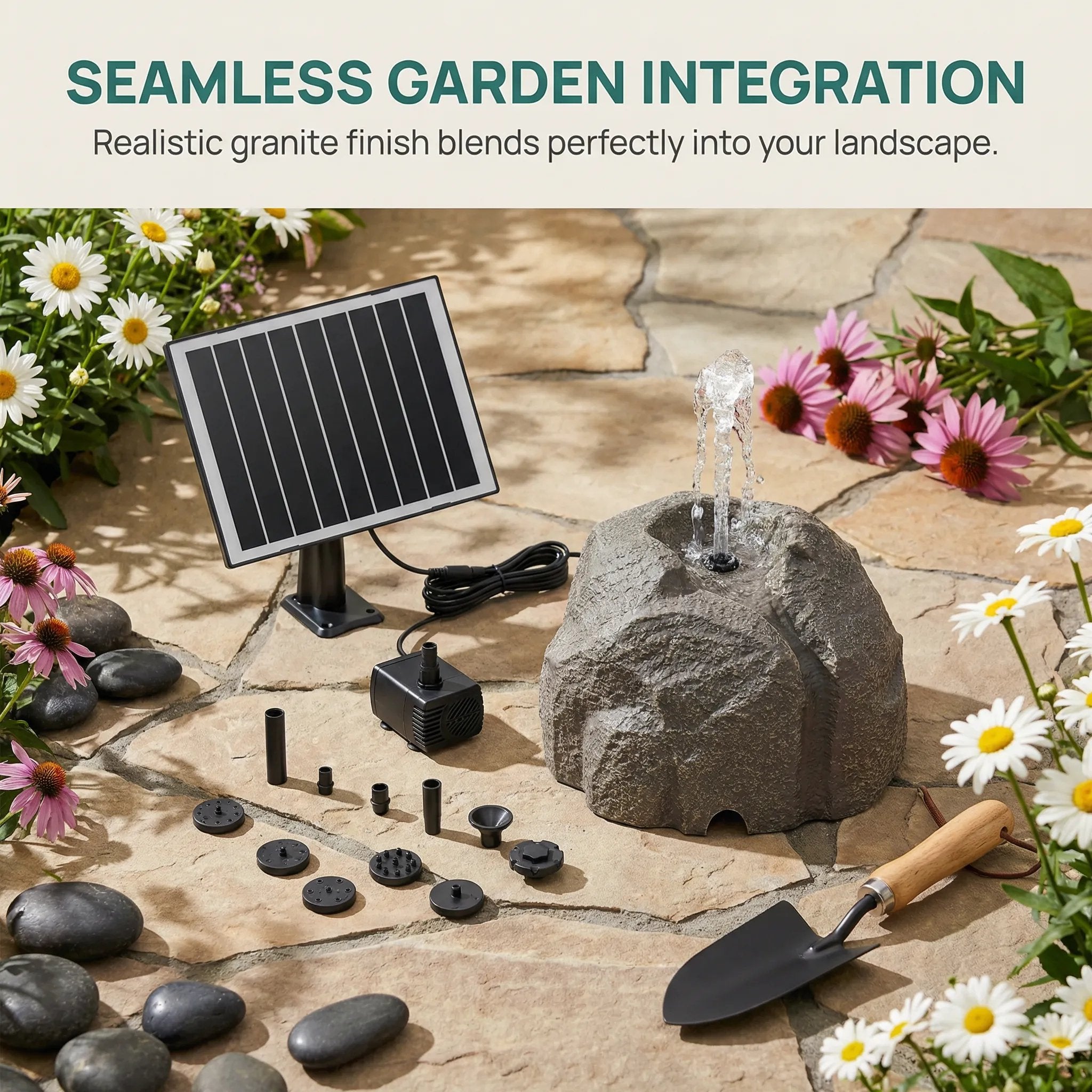 Realistic Granite Rock Solar Bird Bath Fountain - No-Cords Stone Decor