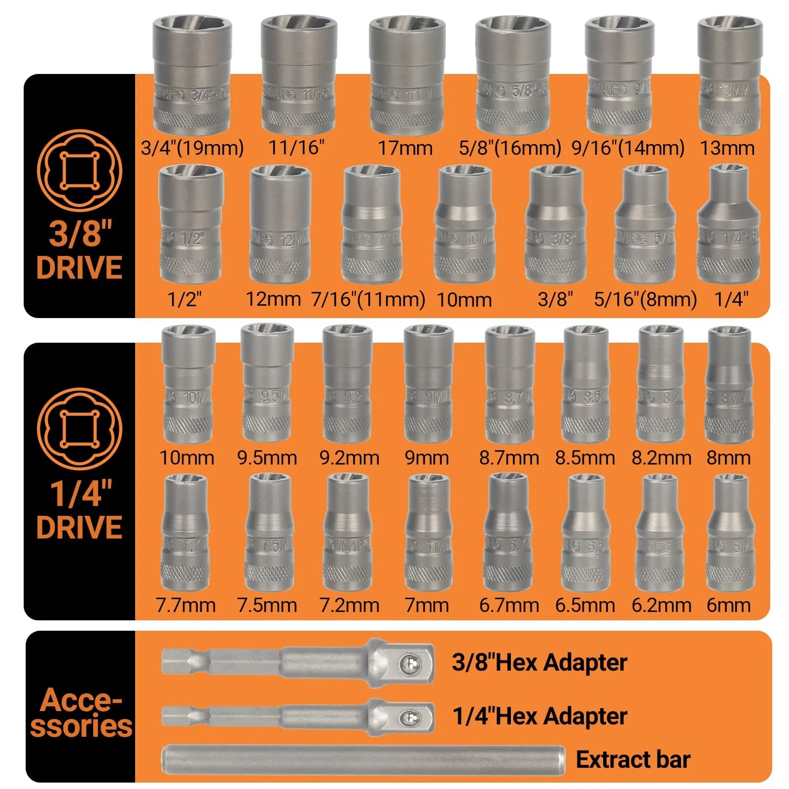 Coocoe 32PCS Impact Bolt Extractor Socket Set