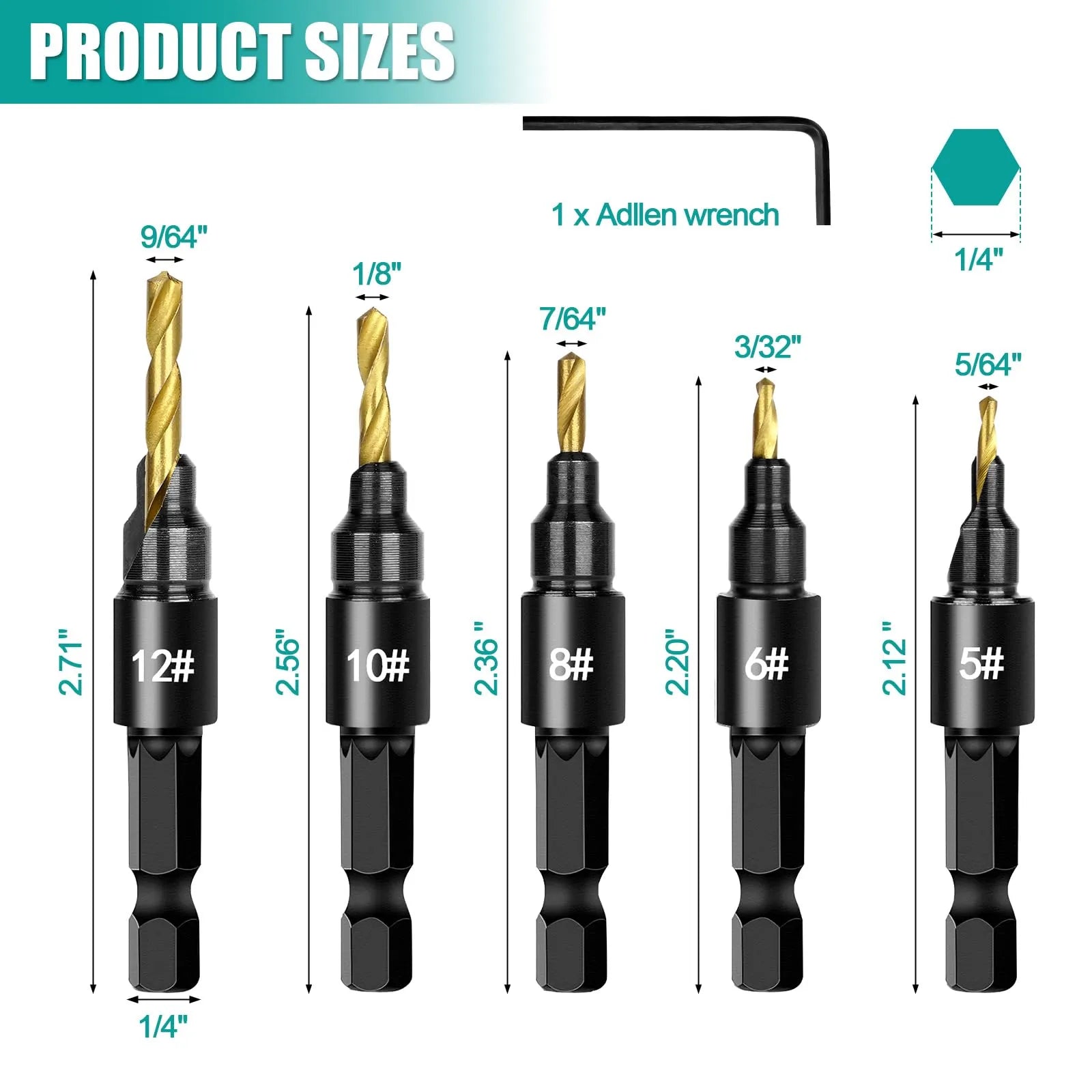 Coocoe Adjustable Wood Countersink Drill Bit Set