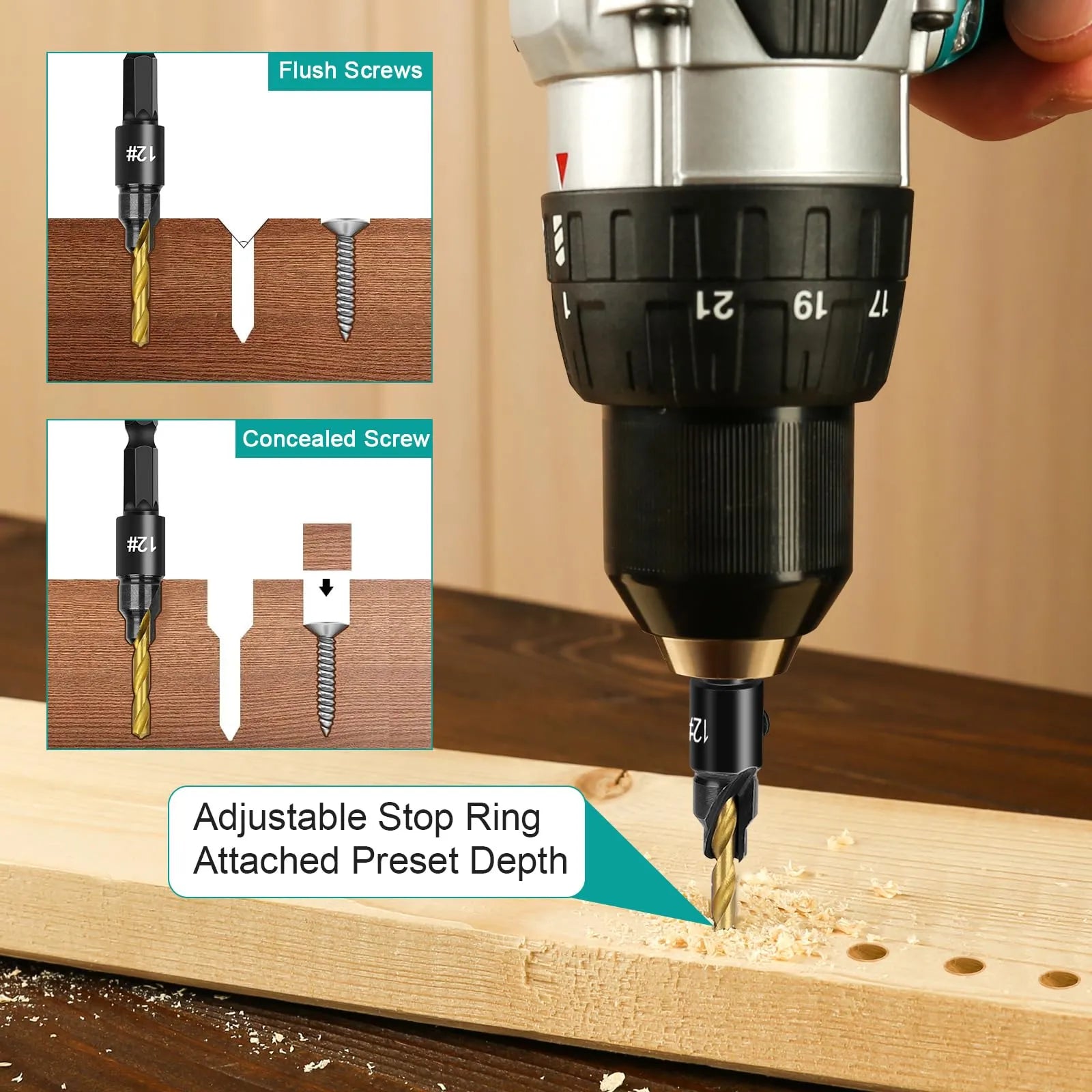 Coocoe Adjustable Wood Countersink Drill Bit Set