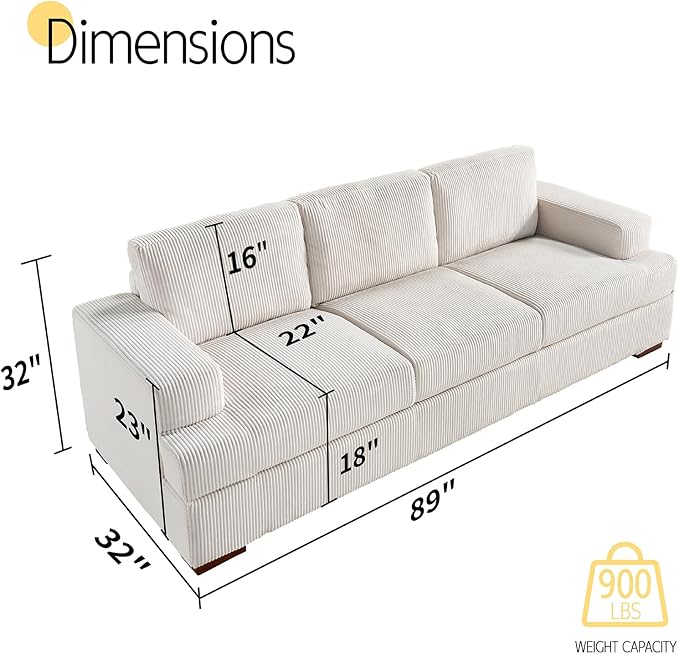89in Comfy Couch, 3 Seater Sofa with Wood Legs