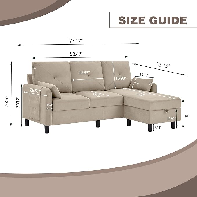 Convertible Sectional Sofa, 77" Small L Shaped 3 Seat Couch with Reversible Storage Chaise