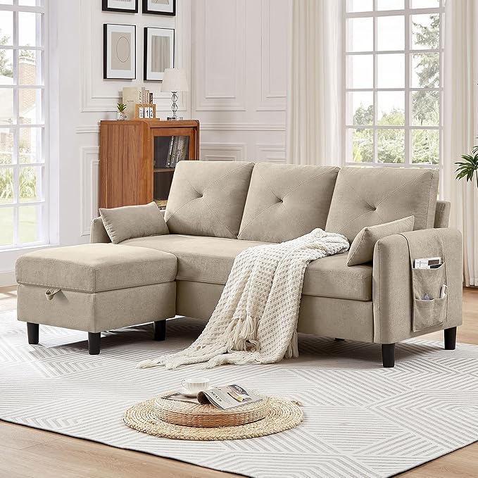 Convertible Sectional Sofa, 77" Small L Shaped 3 Seat Couch with Reversible Storage Chaise