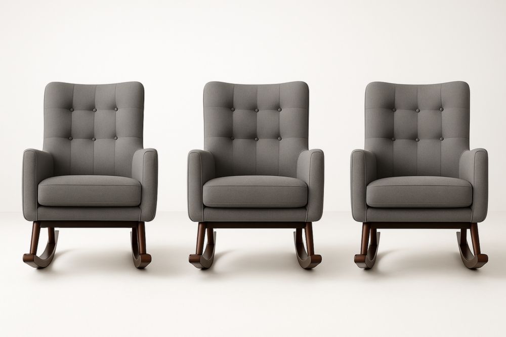 Set di 3 poltrone a dondolo in tessuto grigio con struttura in legno