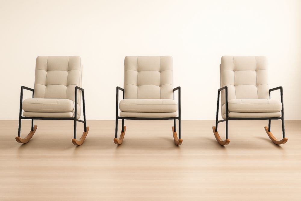 Sedia a dondolo in tessuto beige struttura in metallo e legno