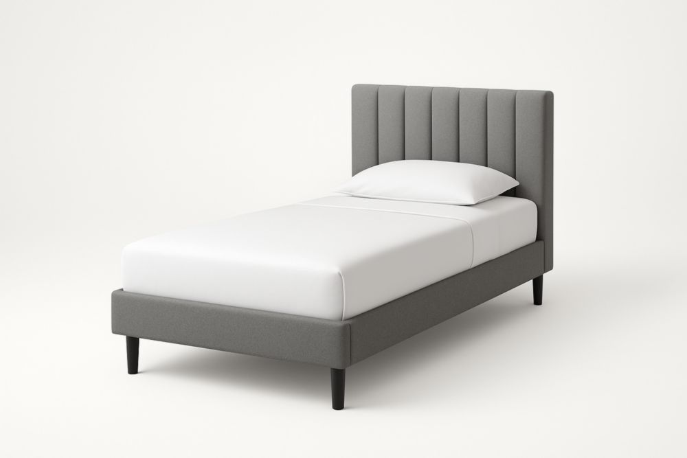 Letto Singolo in Tessuto Grigio con Testiera Imbottita, Senza materasso