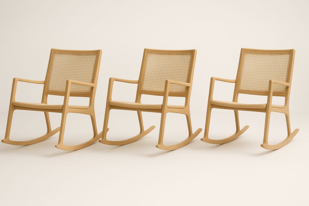 Set di 3 sedie a dondolo in legno di faggio e rattan naturale