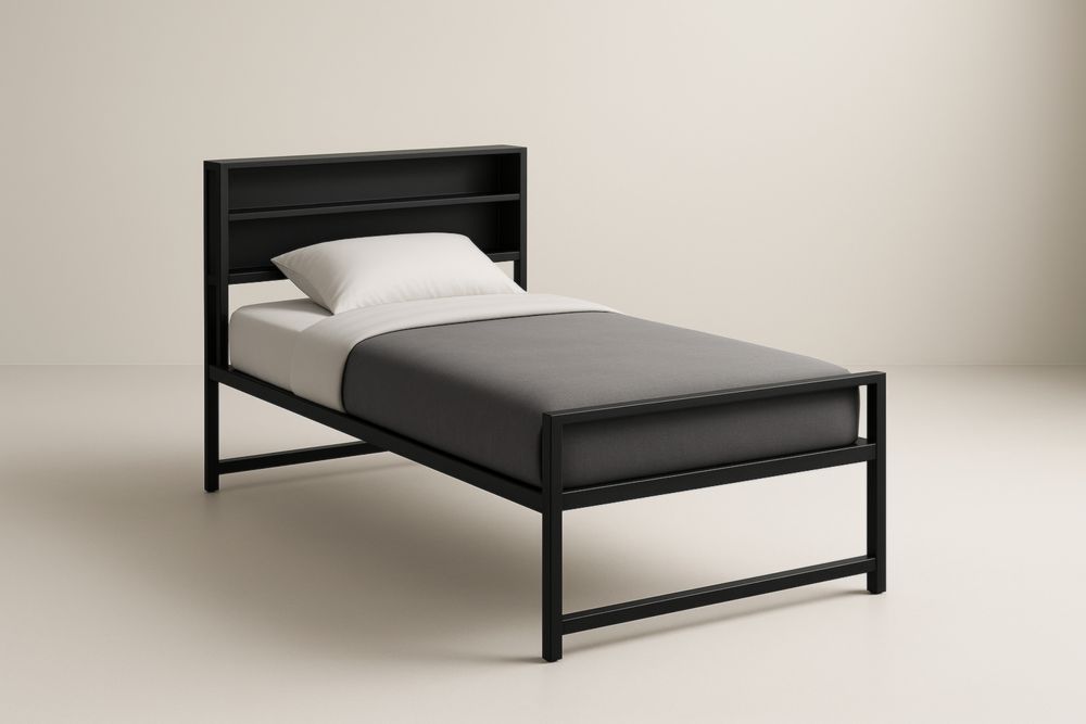 Letto singolo in Acciaio nero con testiera libreria con Materasso