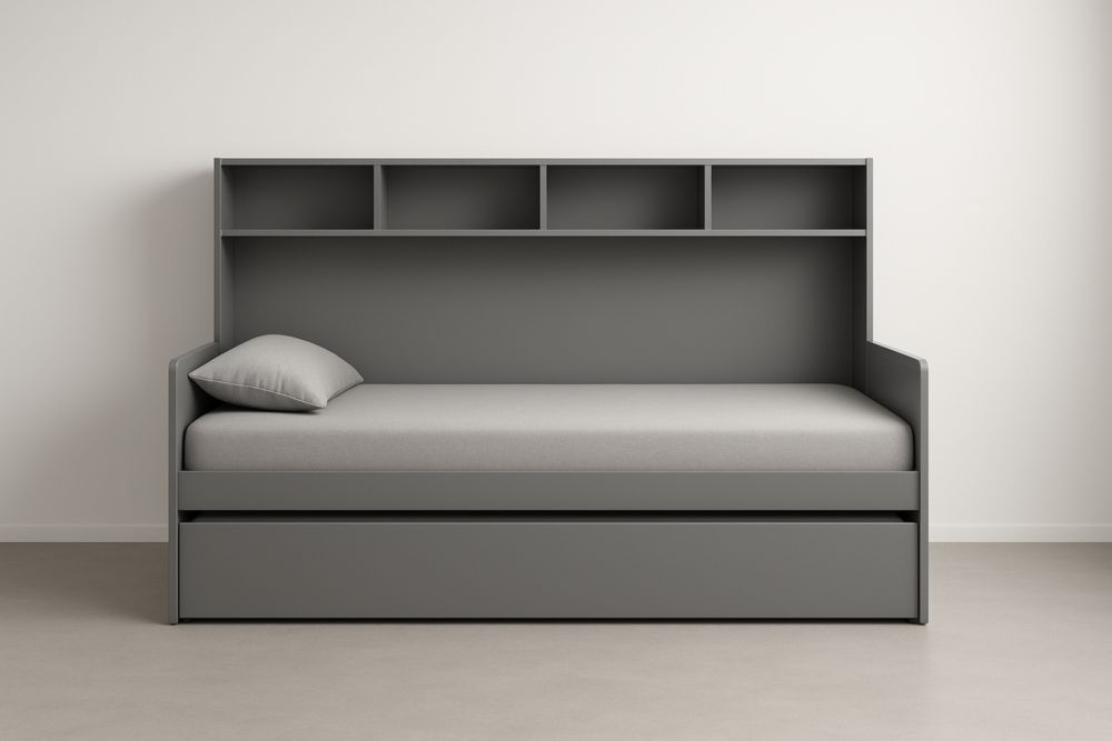 Letto Singolo con Cassetto Estraibile in Legno Composito Grigio