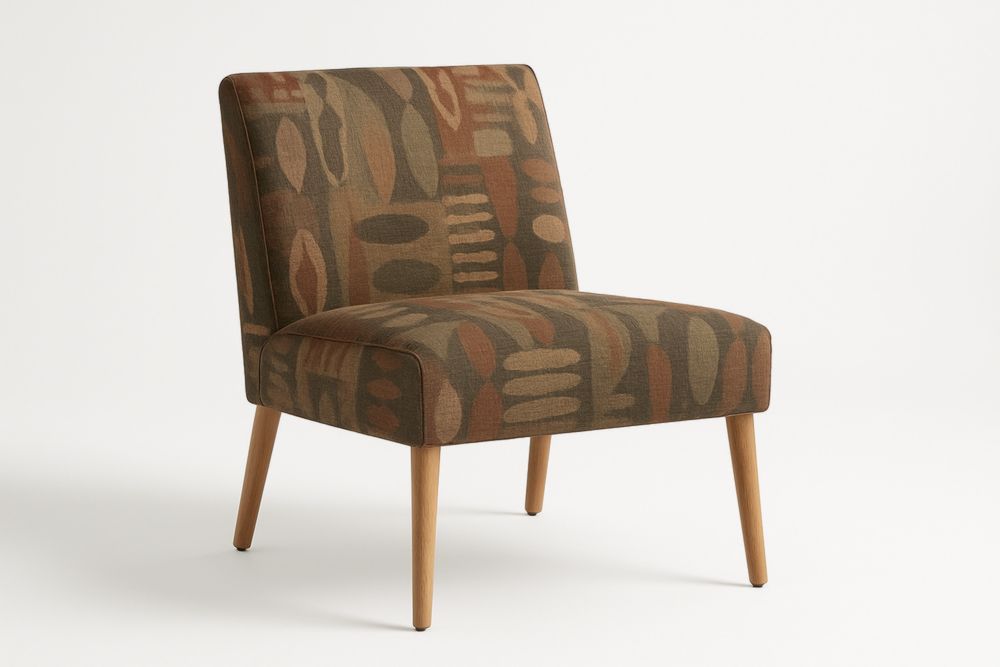 Sedia lounge da salotto in tessuto motivo astratto marrone con gambe in legno