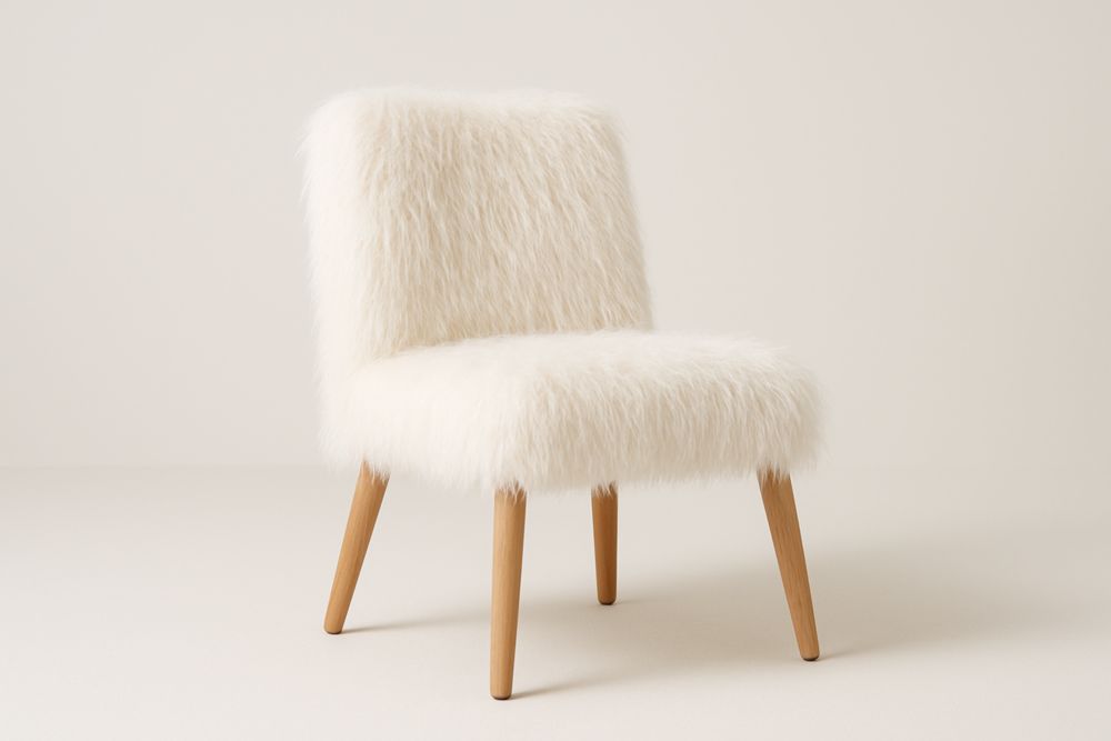 Sedia lounge da salotto in ecopelliccia bianca con struttura in legno