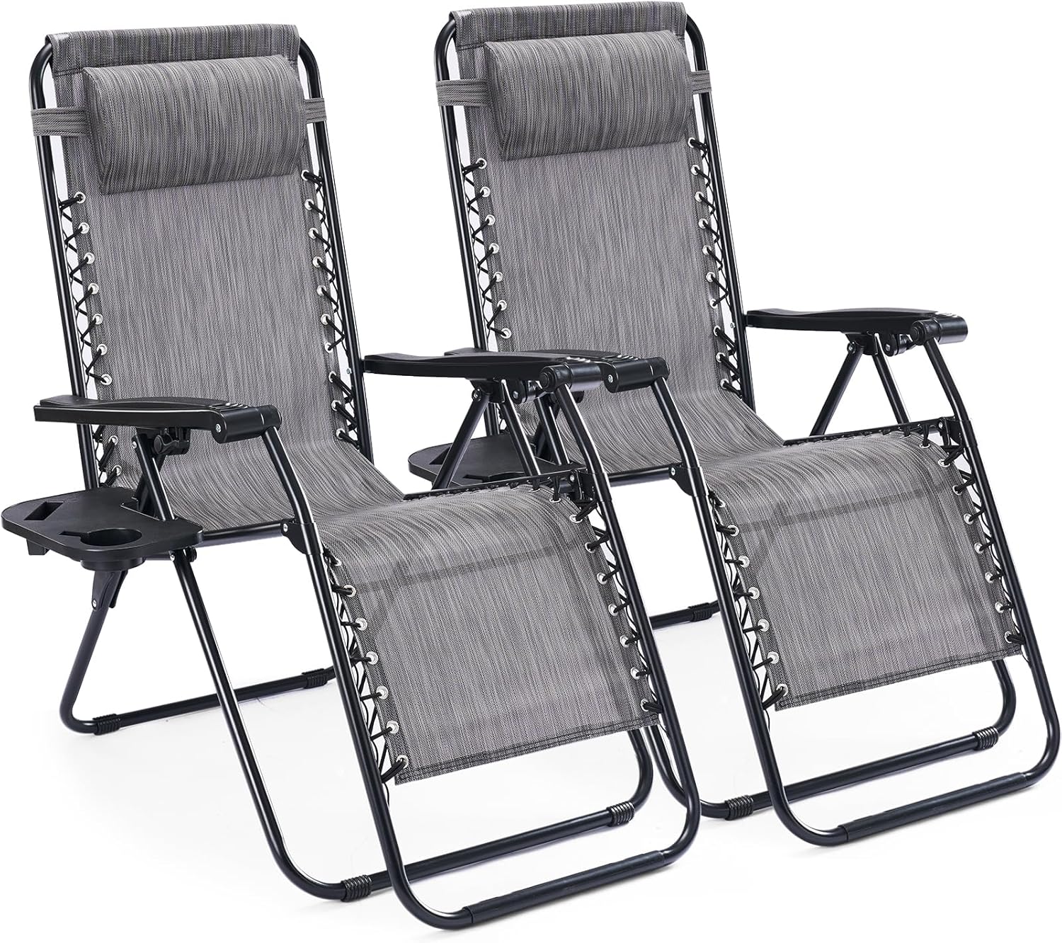 Set of 2 Portable Recliner Beach Camping Patio Outdoor Folding Lounge Chair with Cup Holder Trays and Adjustable Pillow for Poolside