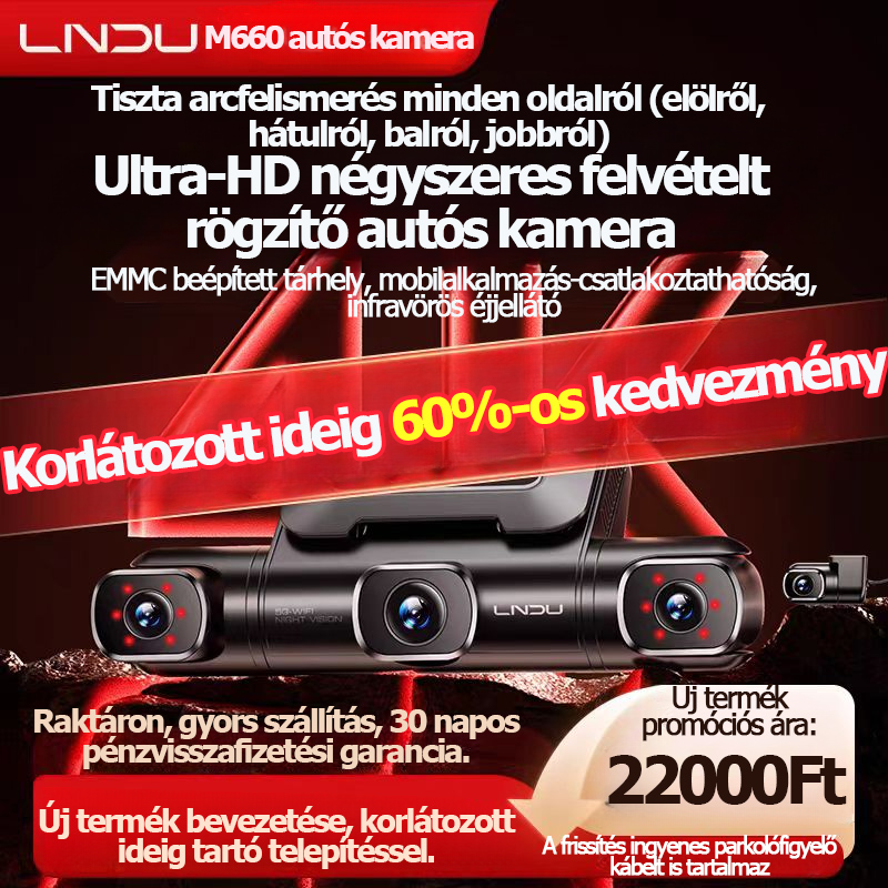 Lingdu M660 autós kamera első és hátsó négyobjektívvel, 4K ultra nagy felbontás, 360 fokos panoráma HD nézet, holtterek nélkül, parkolásfigyelés, 2025-ös új modell, kábelezést nem igényel.