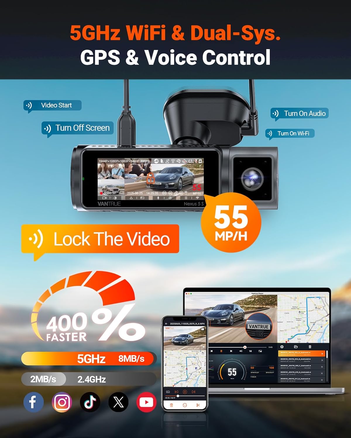 Garmin Vantrue N5S négycsatornás 360°-os WiFi-s autós kamera, STARVIS 2 csillagos égbolt képalkotás, infravörös éjjellátó, kettős felvétel (2.7K + 1080P*2 + 1440P), hangvezérlés, GPS-pozícionálás, 24 órás parkolófigyelés, infravörös éjjellátó, akár 1 TB m