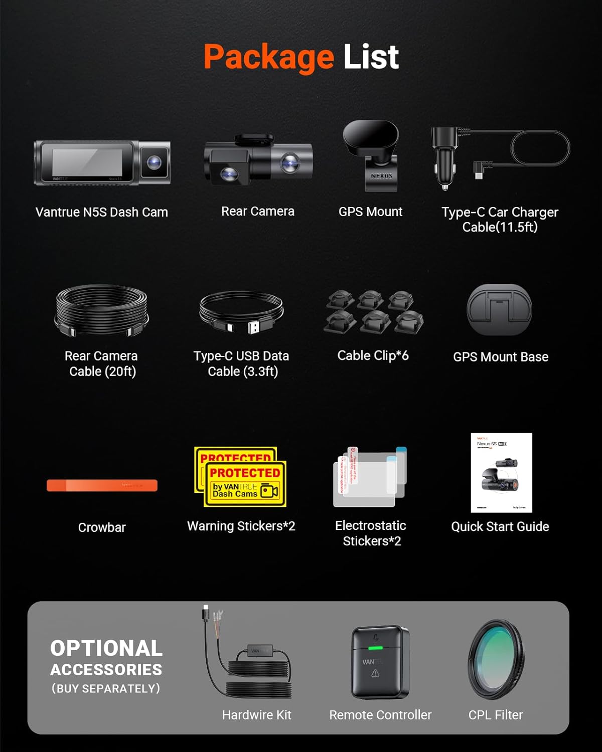 Garmin Vantrue N5S négycsatornás 360°-os WiFi-s autós kamera, STARVIS 2 csillagos égbolt képalkotás, infravörös éjjellátó, kettős felvétel (2.7K + 1080P*2 + 1440P), hangvezérlés, GPS-pozícionálás, 24 órás parkolófigyelés, infravörös éjjellátó, akár 1 TB m