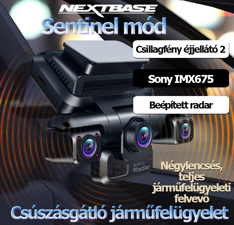 4K-s, négylencsés, őrszem üzemmódú autós kamera, parkolásfigyelés, 24 órás karcolásvédelem, 360 fokos panorámanézet, hangvezérlés.