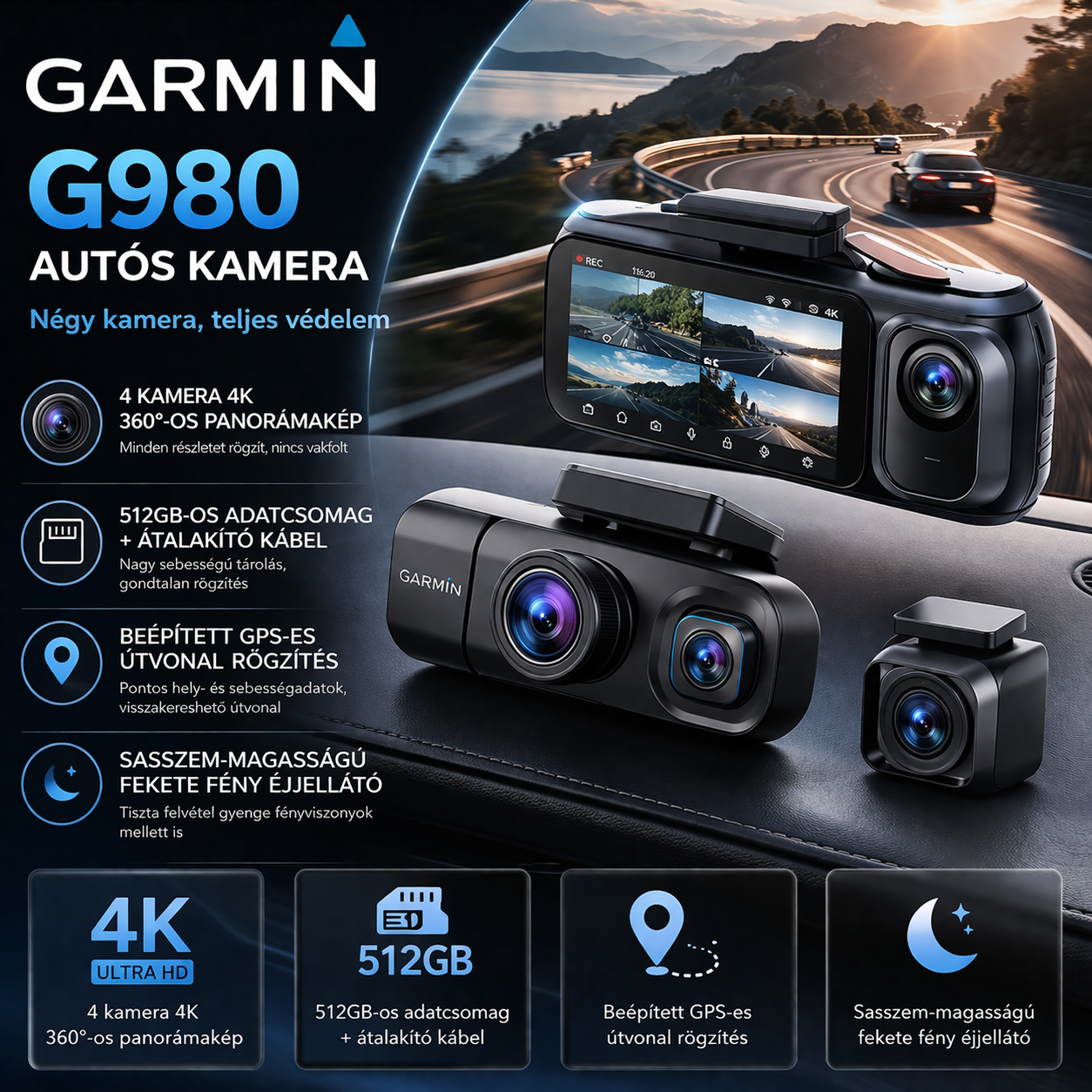 G980 Autós Kamera – 4 Kamerás 360° Védelem, 4K Ultra HD Rögzítés