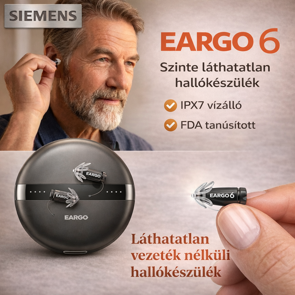 Siemens EARGO OTC hallókészülék: láthatatlan, újratölthető, rugalmas CIC, FDA által jóváhagyva.