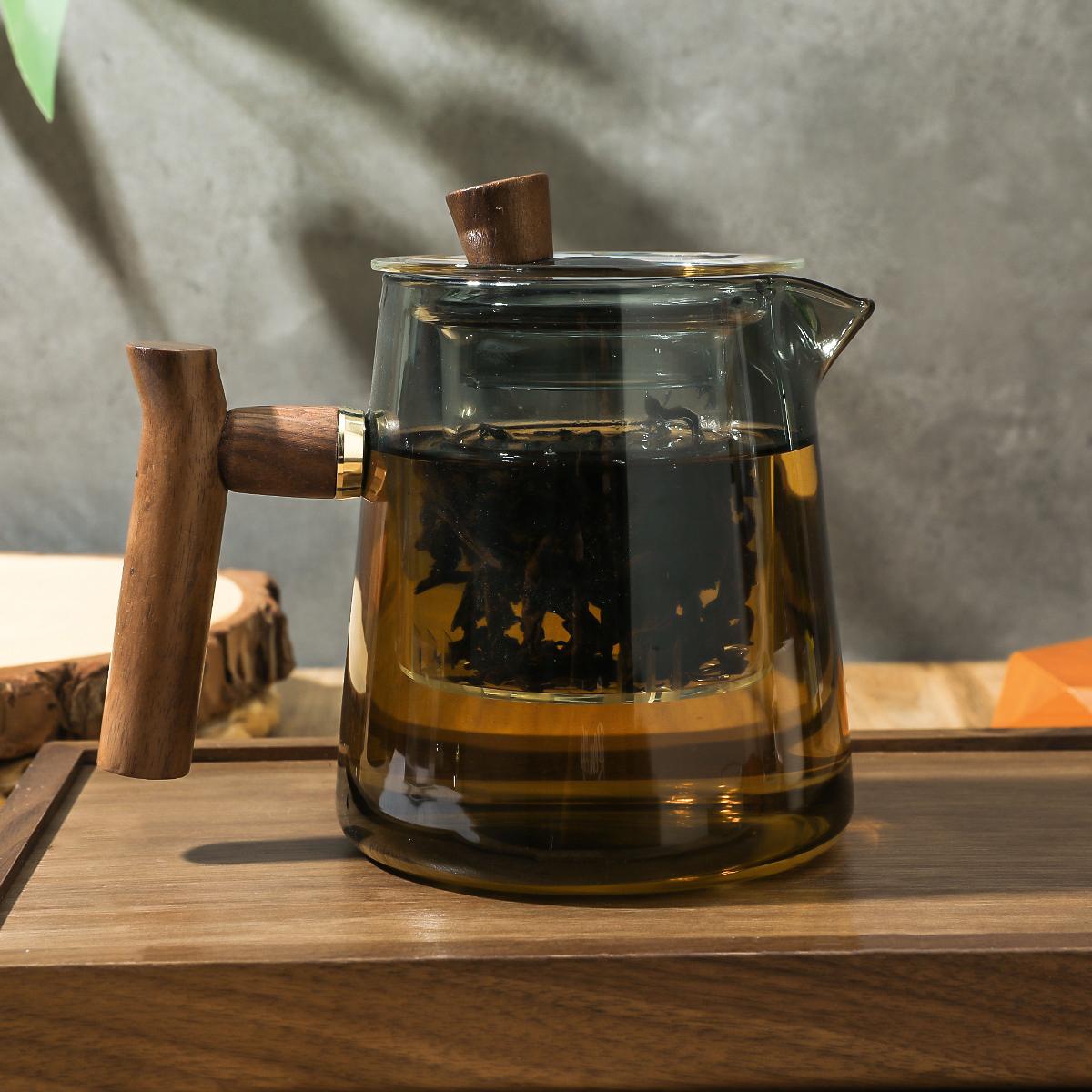 Glass Tea Pot with Wooden Handle, 1 Count Tea Separation Device, Heat Resistant Tea Pot for Home Office Use, Tea Making Tool, Glass Teapot