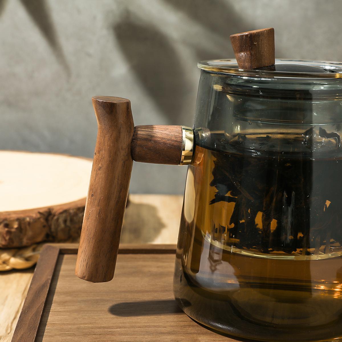 Glass Tea Pot with Wooden Handle, 1 Count Tea Separation Device, Heat Resistant Tea Pot for Home Office Use, Tea Making Tool, Glass Teapot