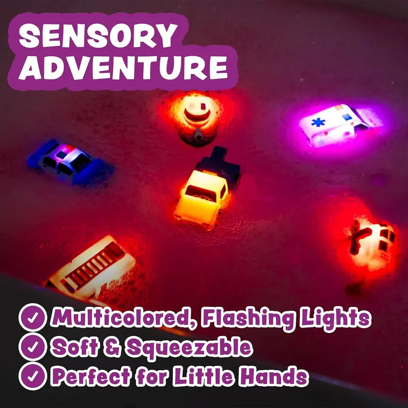 Emergency Cars Light Up Bath Toys 6 Pack Water Activated Flashing Colors Soft Squeezable Sensory Toys for Kids Bath Fun in the Tub