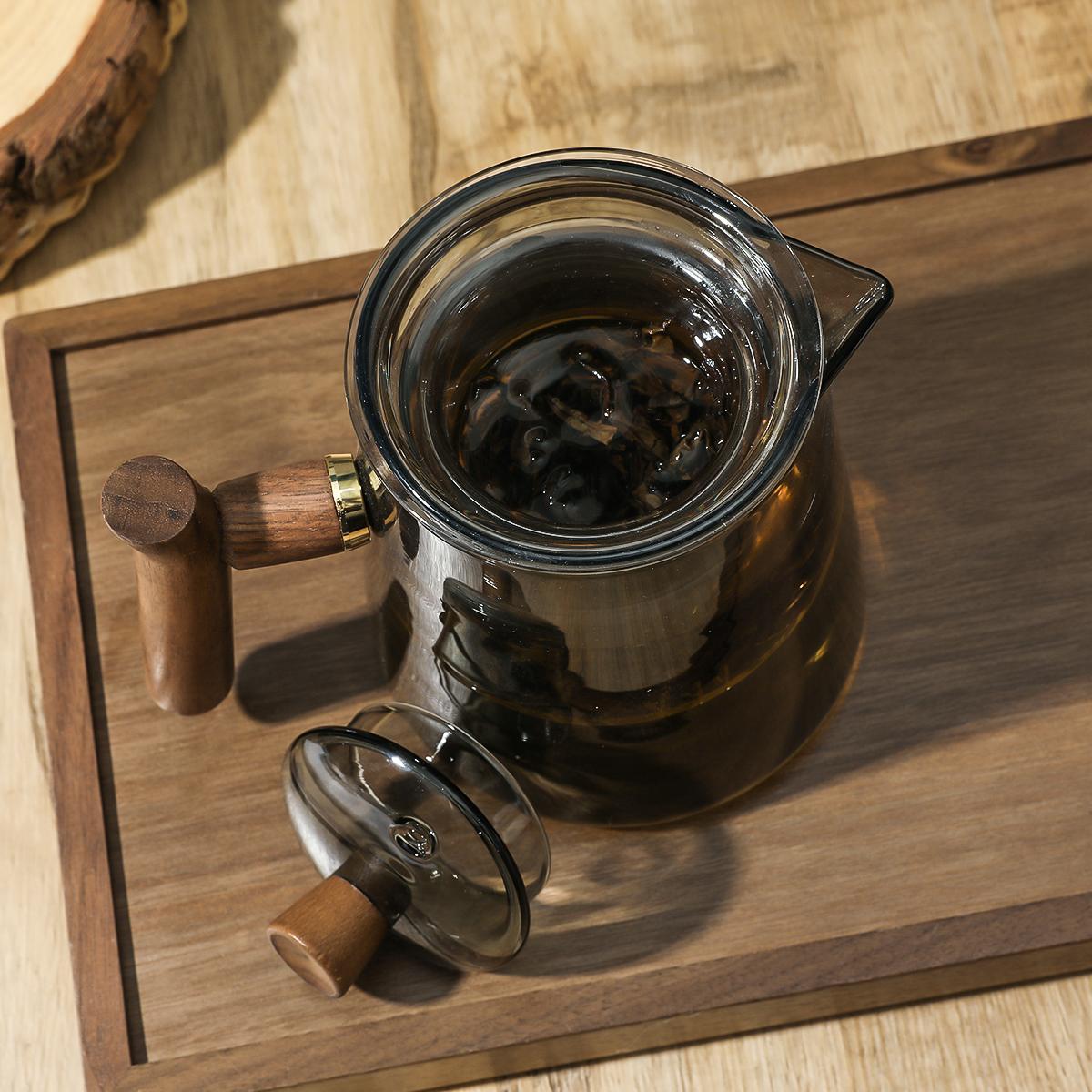 Glass Tea Pot with Wooden Handle, 1 Count Tea Separation Device, Heat Resistant Tea Pot for Home Office Use, Tea Making Tool, Glass Teapot