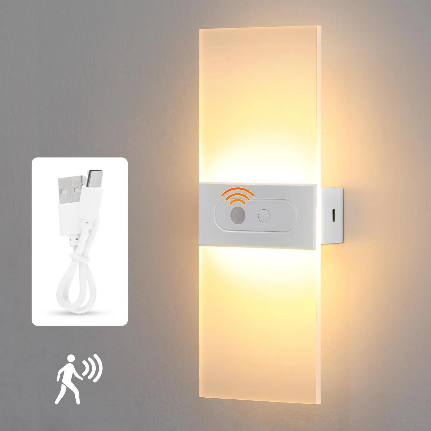 6000K Warm White Motion Sensor Wall Sconce – Battery‑Powered, USB‑Rechargeable Wireless Indoor Night Light for Hallway, Stairs & Living Room