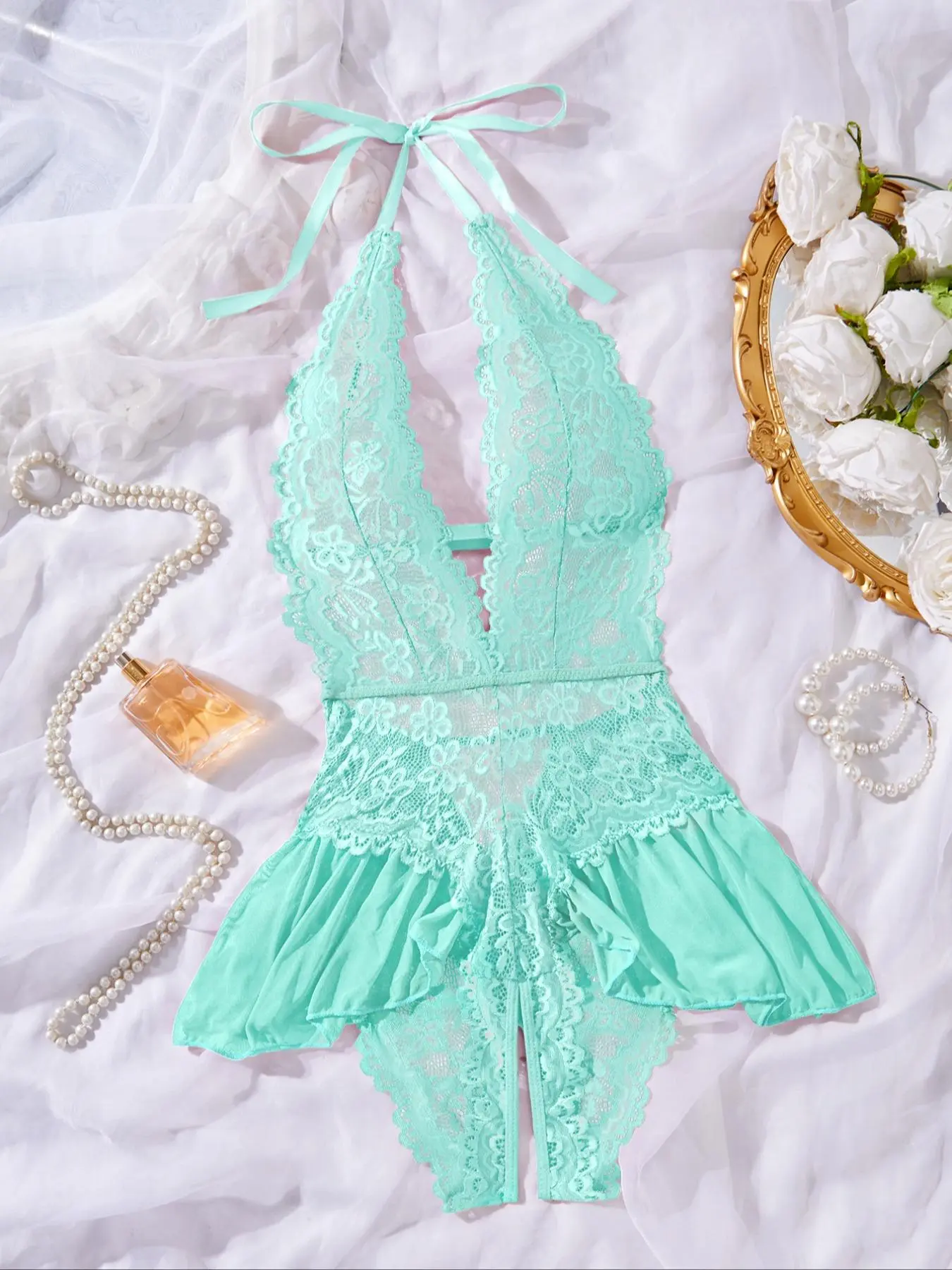 Women's Solid Color Lace Teddy Bodysuit, Sexy Breathable Push-Up Bodysuit for Daily Wear, Women's Lingerie for All Seasons