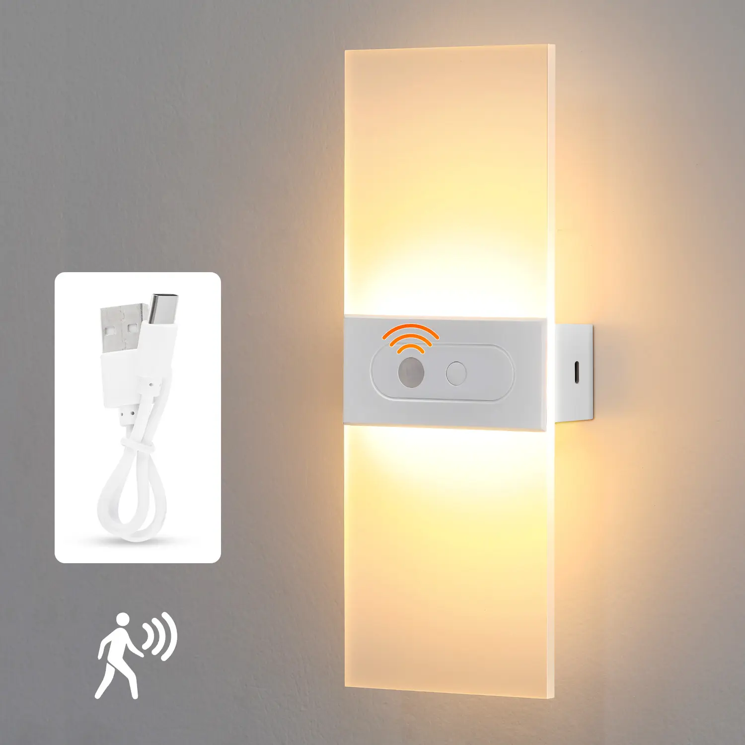 6000K Warm White Motion Sensor Wall Sconce – Battery‑Powered, USB‑Rechargeable Wireless Indoor Night Light for Hallway, Stairs & Living Room