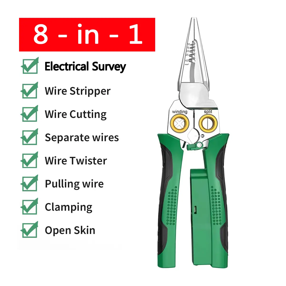 SEESE 8 in 1 Wire Stripper Twister for Cutting and Pulling Wires, Voltage Tester Pliers,Cable Scissors, 12V to 250V Live,Null,Hot Wire Judgment AC DC, Audible and Flashing LED Alarms