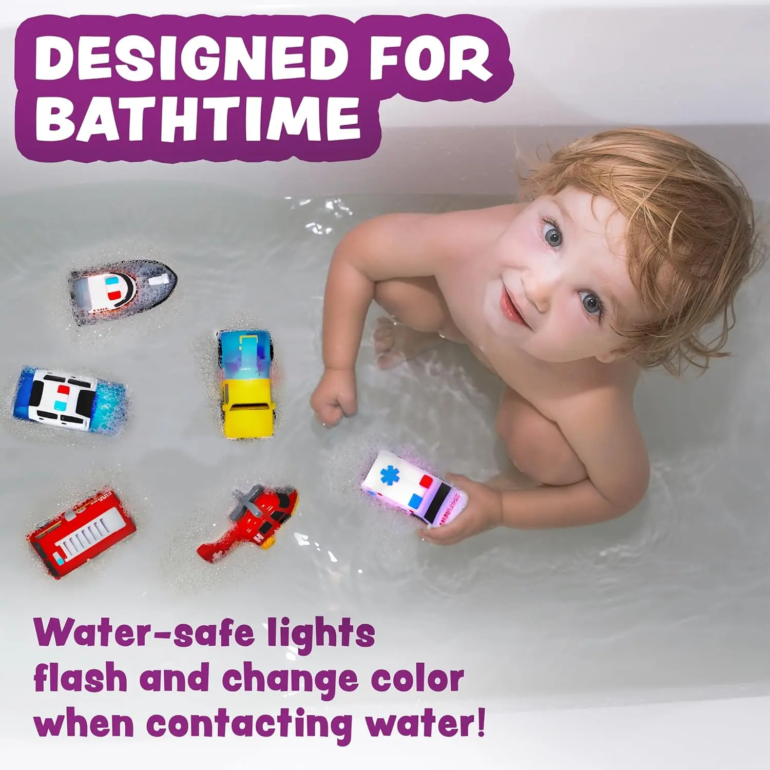 Emergency Cars Light Up Bath Toys 6 Pack Water Activated Flashing Colors Soft Squeezable Sensory Toys for Kids Bath Fun in the Tub