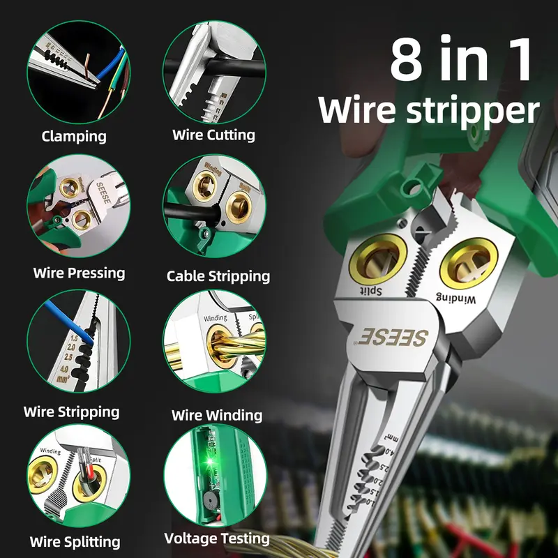 SEESE 8 in 1 Wire Stripper Twister for Cutting and Pulling Wires, Voltage Tester Pliers,Cable Scissors, 12V to 250V Live,Null,Hot Wire Judgment AC DC, Audible and Flashing LED Alarms