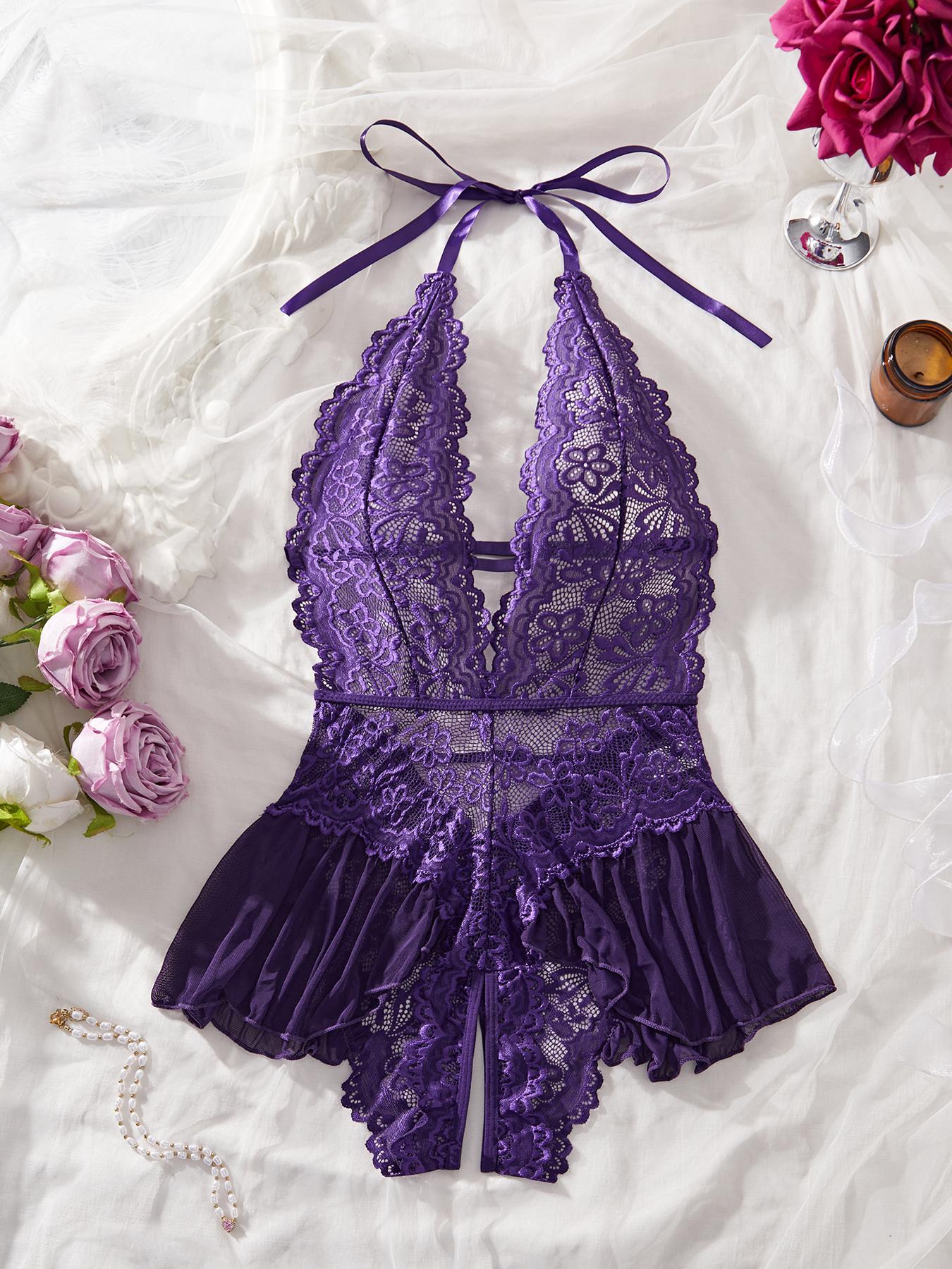 Women's Solid Color Lace Teddy Bodysuit, Sexy Breathable Push-Up Bodysuit for Daily Wear, Women's Lingerie for All Seasons