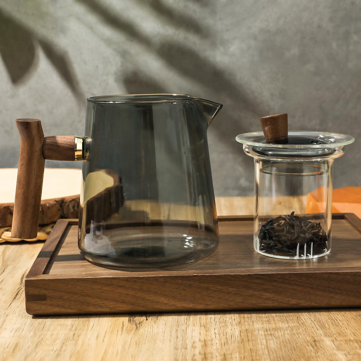 Glass Tea Pot with Wooden Handle, 1 Count Tea Separation Device, Heat Resistant Tea Pot for Home Office Use, Tea Making Tool, Glass Teapot