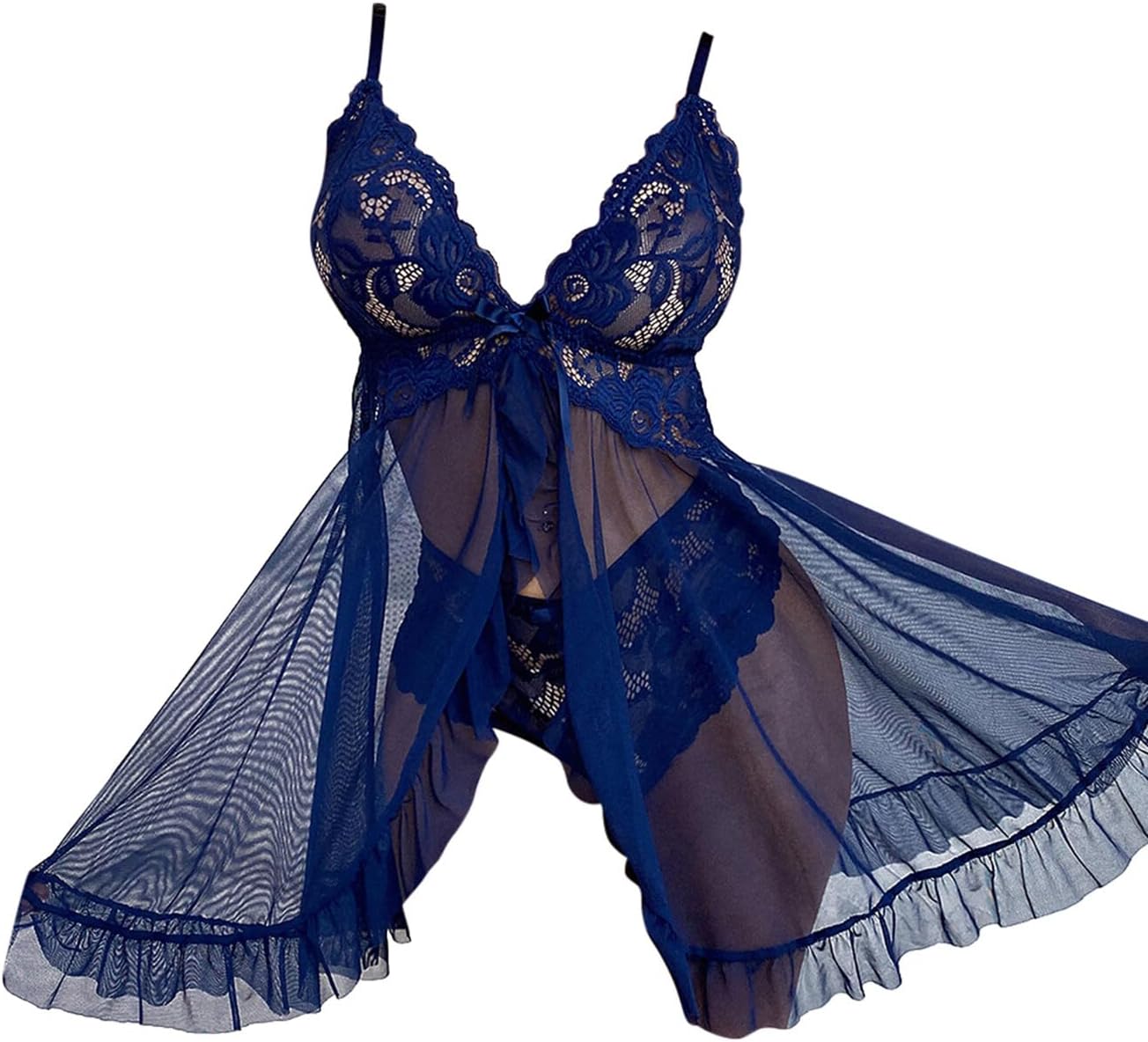 Katutude Women's Lingerie Set Lace Mesh Babydoll Lingerie with Panty Spaghetti Strap V Neck Sleepwear Split Nightdress